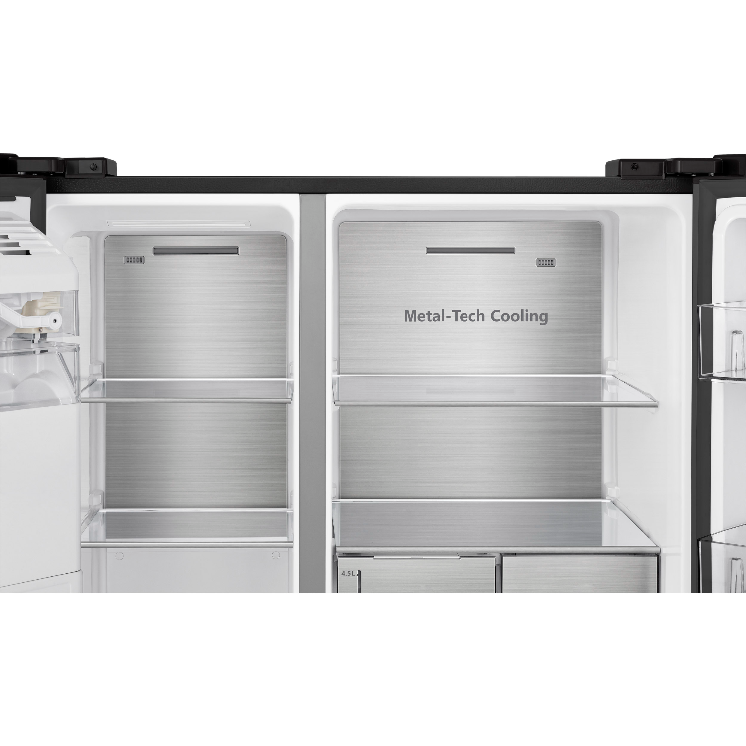 Open refrigerator interior with metal-tech cooling and shelves.
