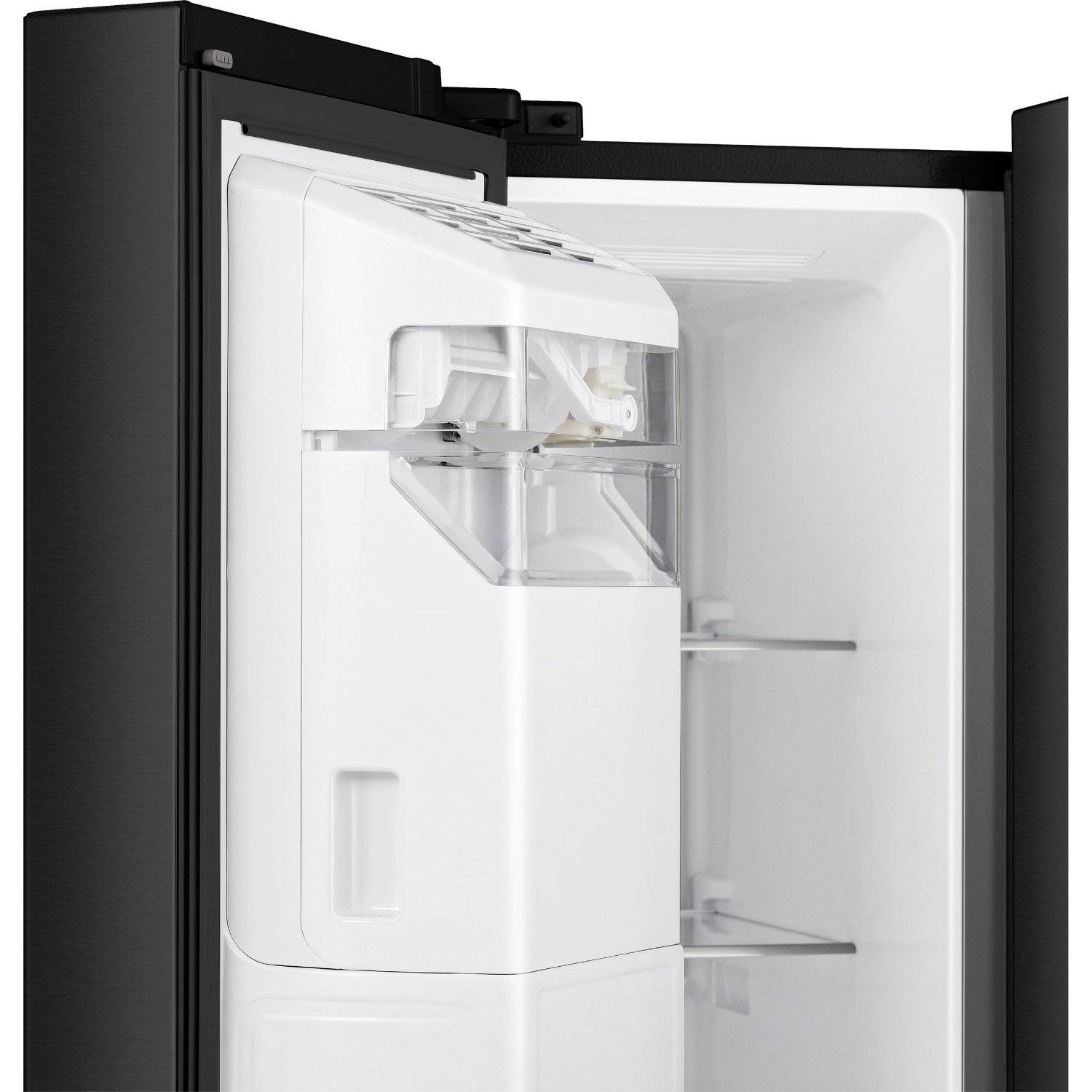A black refrigerator door open, ice maker visible inside white interior.