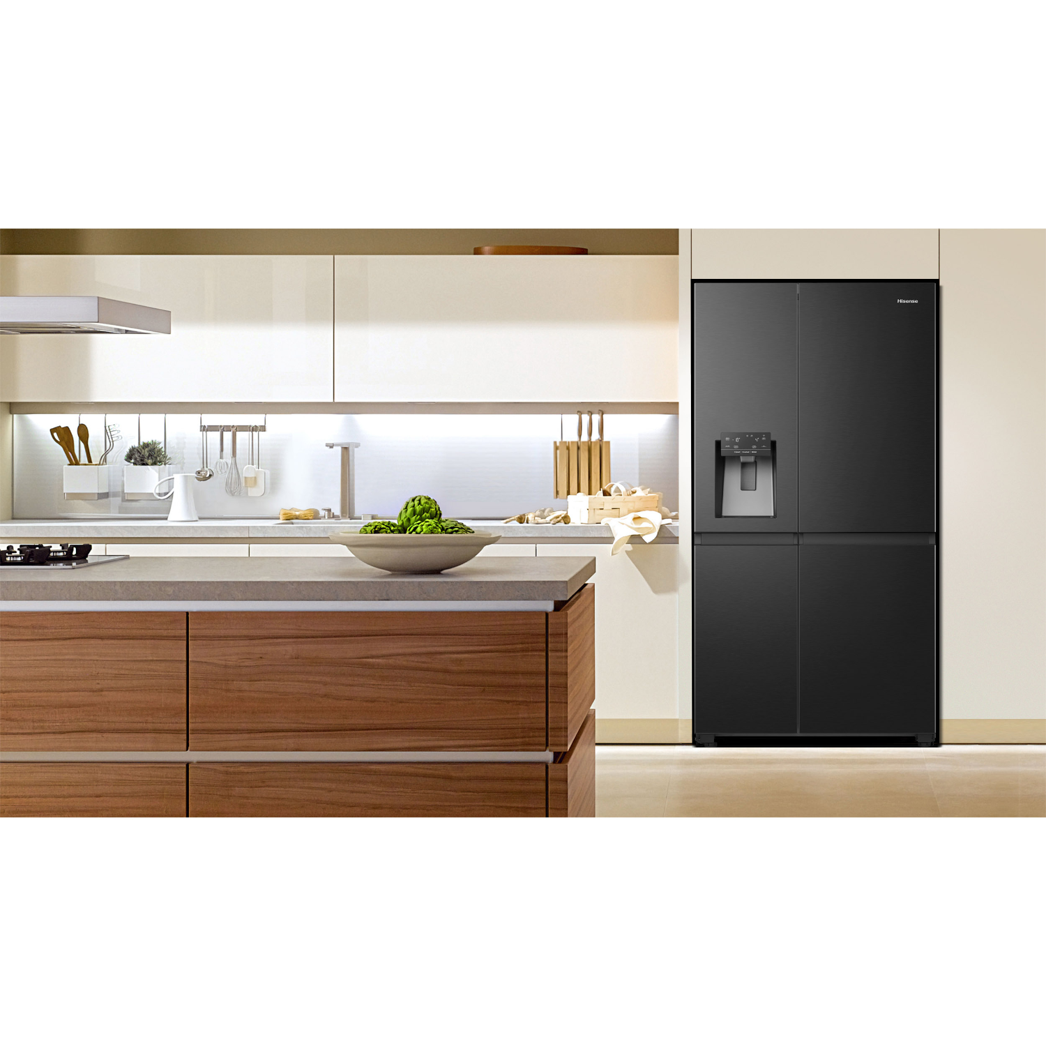 Black Hisense refrigerator in a kitchen with a wooden counter and white cabinets.