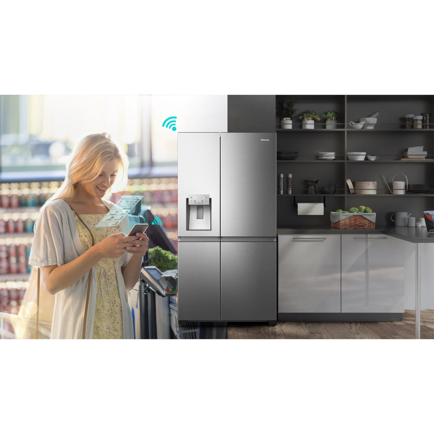 A woman using a smartphone to control Hisense refrigerator. The refrigerator is in a kitchen.