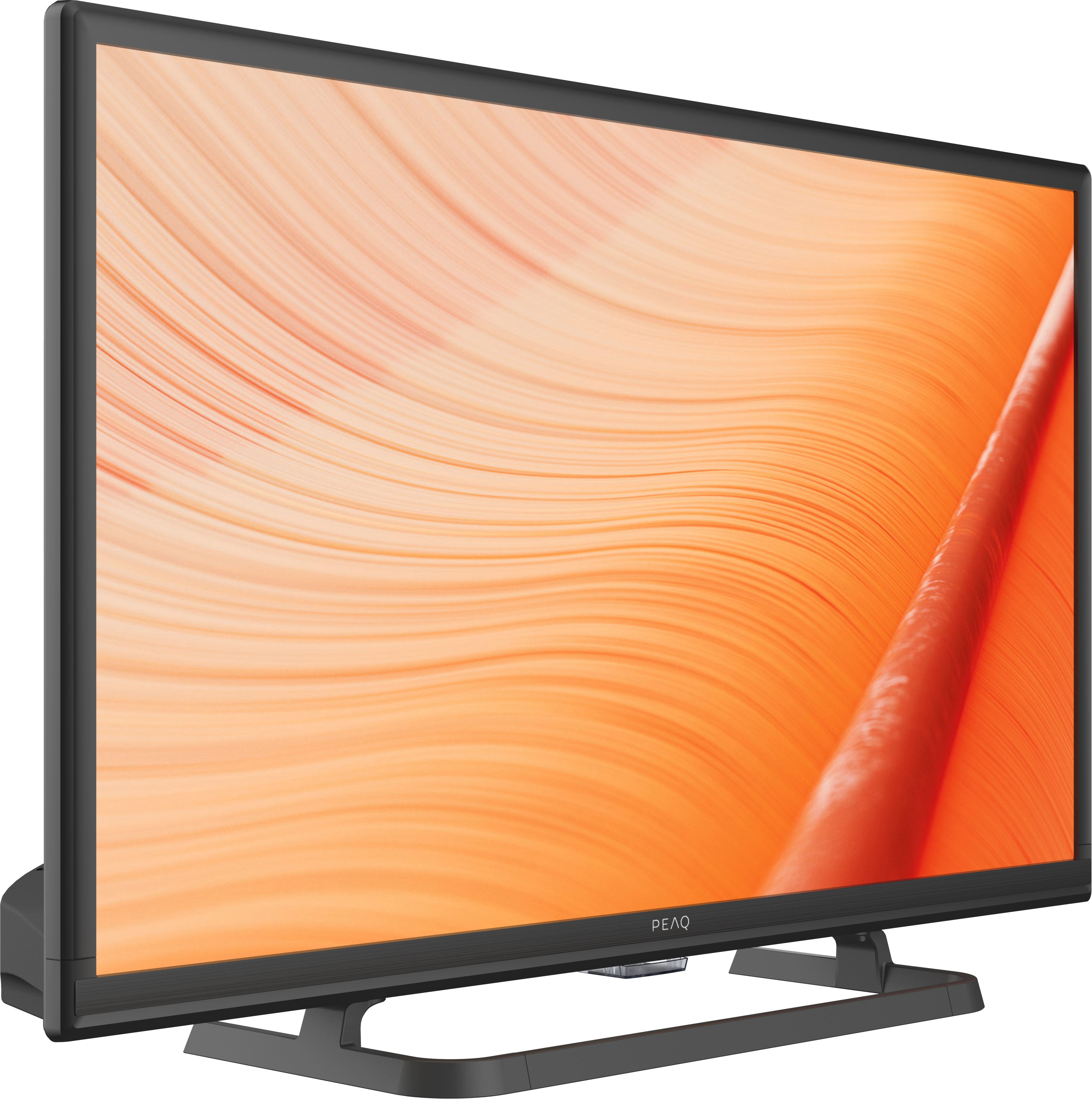 Fernseher mit orangefarbenem, abstraktem Hintergrund. Schwarzer Rahmen und Ständer.  Schräge Perspektive. Weißer Hintergrund.