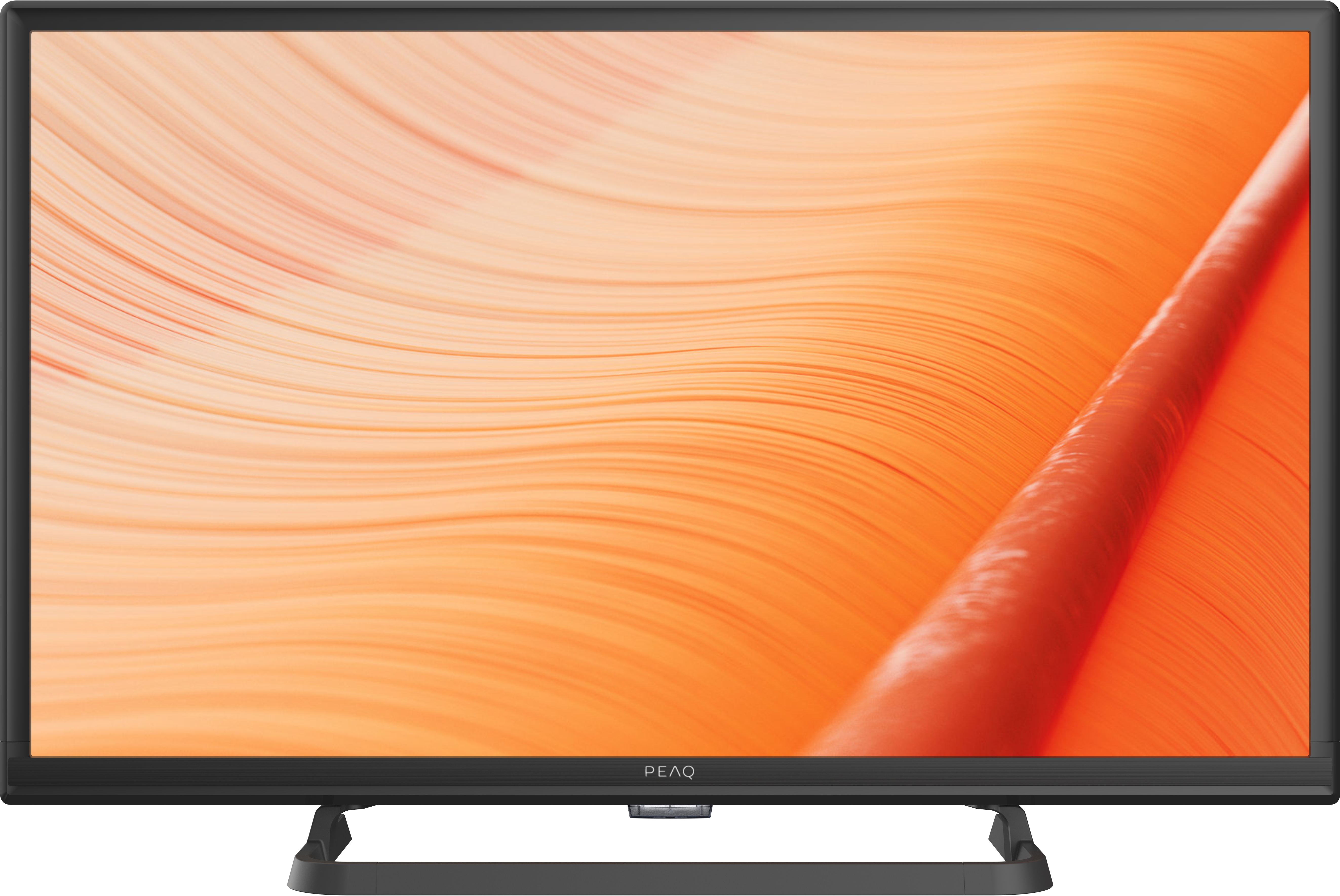 Ein PEAQ-Fernseher mit Flachbildschirm und einem bunten, abstrakten Hintergrund.