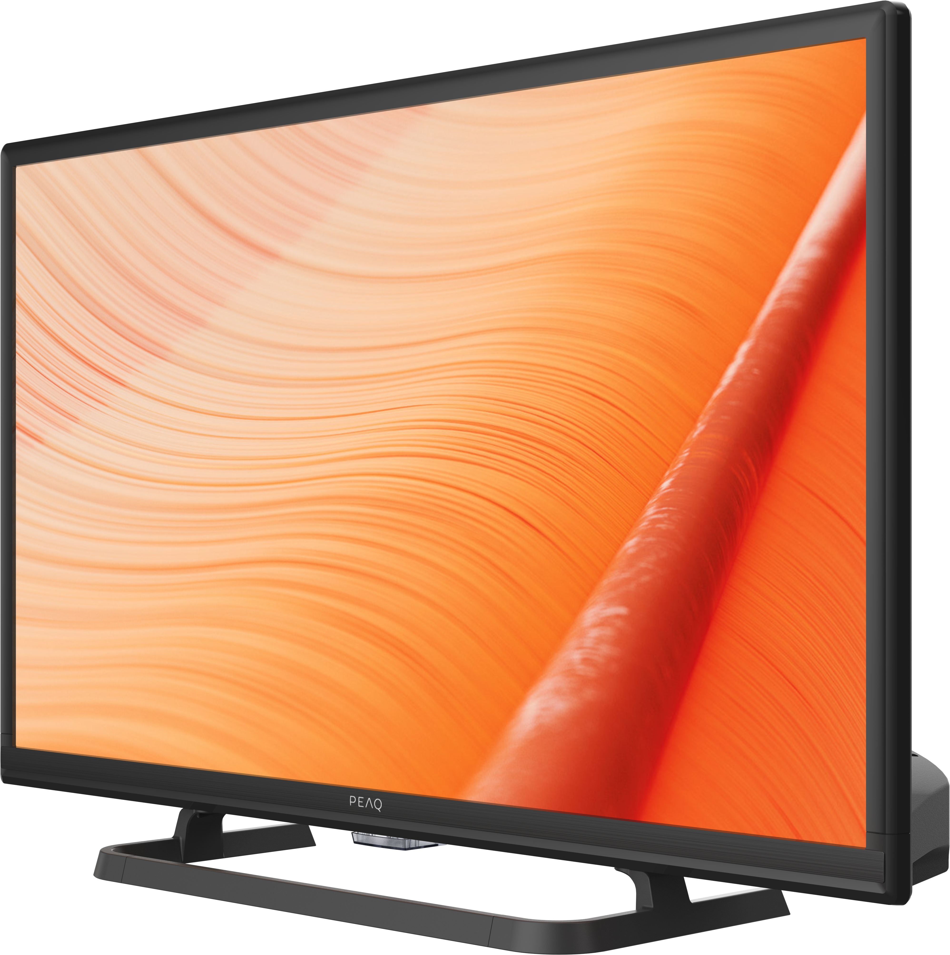 Schwarzer Fernseher zeigt ein oranges abstraktes Design. Er steht auf einem schwarzen Sockel mit dem Markennamen PEAQ.