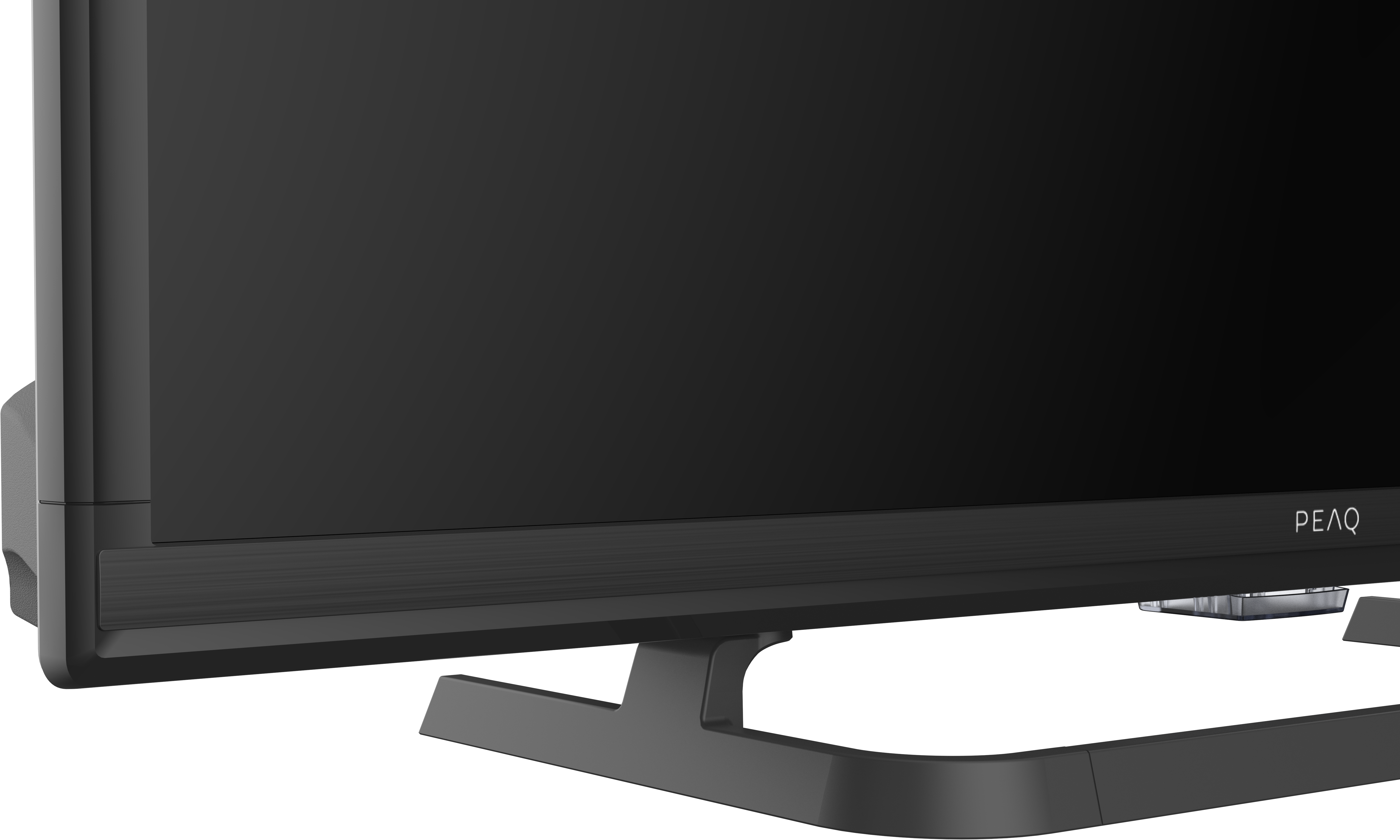 Ein Fernsehbildschirm mit schwarzem Rahmen und Ständer. Die Unterseite des Fernsehers ist sichtbar.
