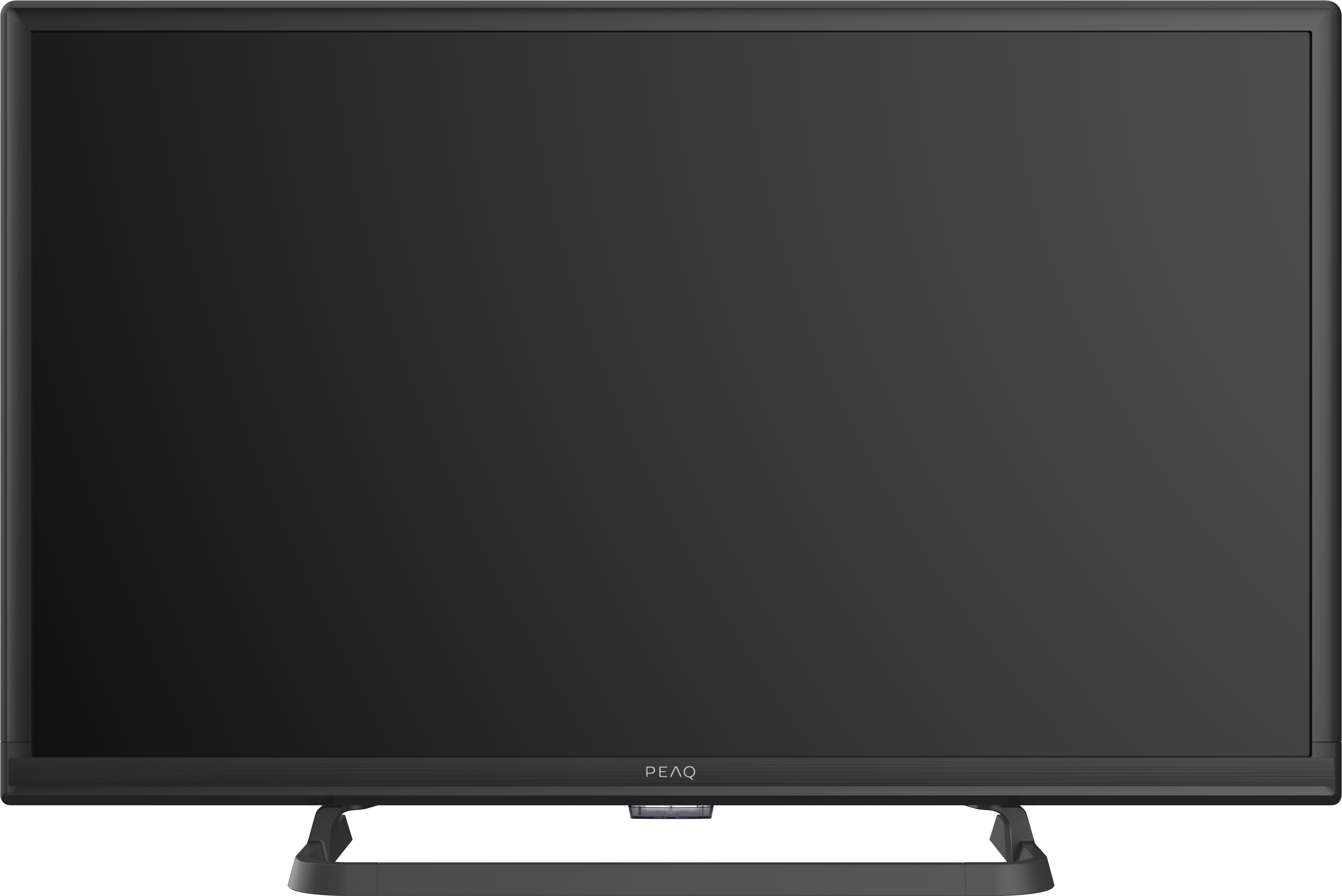 Ein Flachbildfernseher mit schwarzem Rahmen und Ständer.