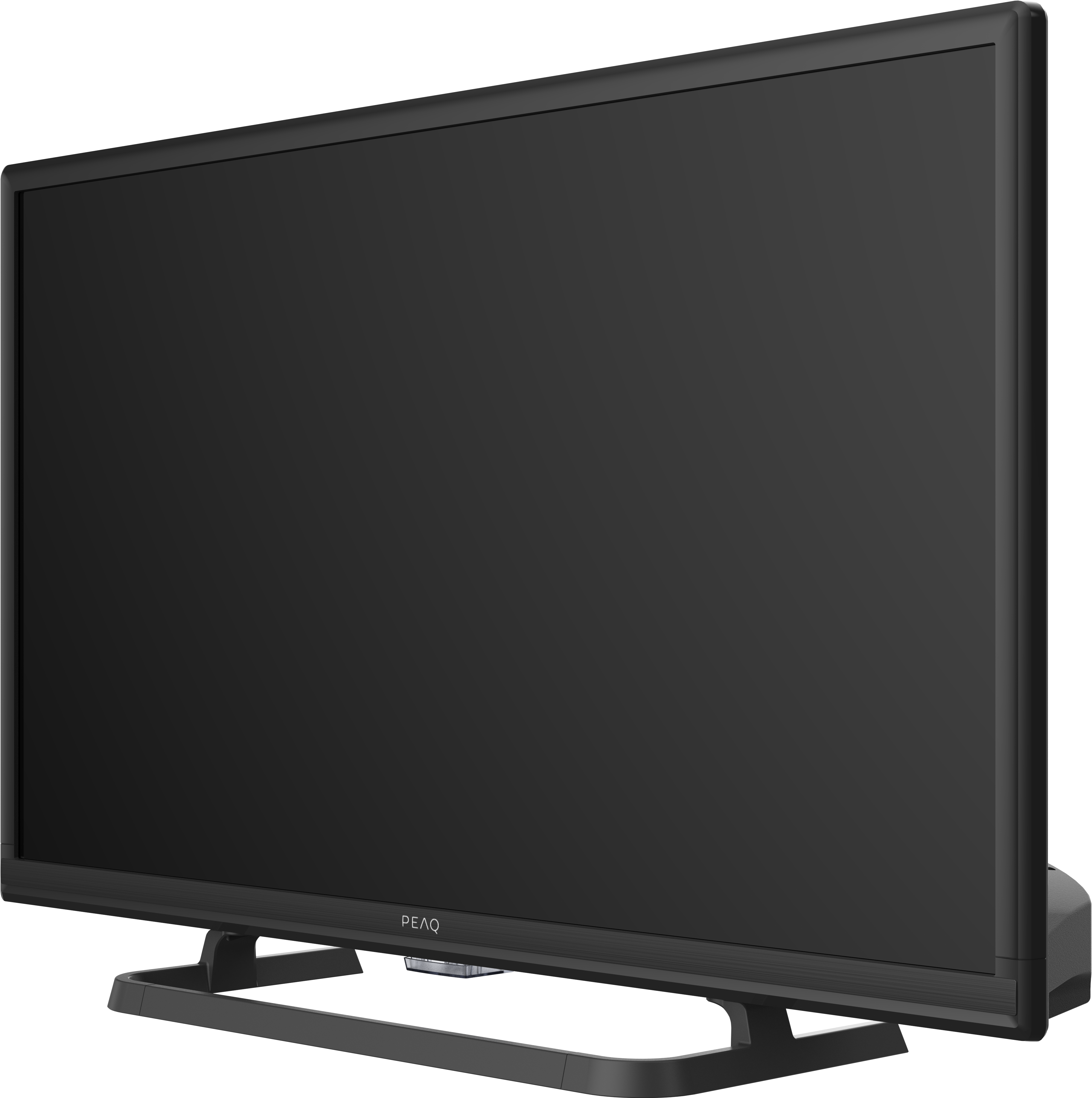 Schwarzer PEAQ TV mit dunklem Bildschirm, auf einem Ständer stehend.