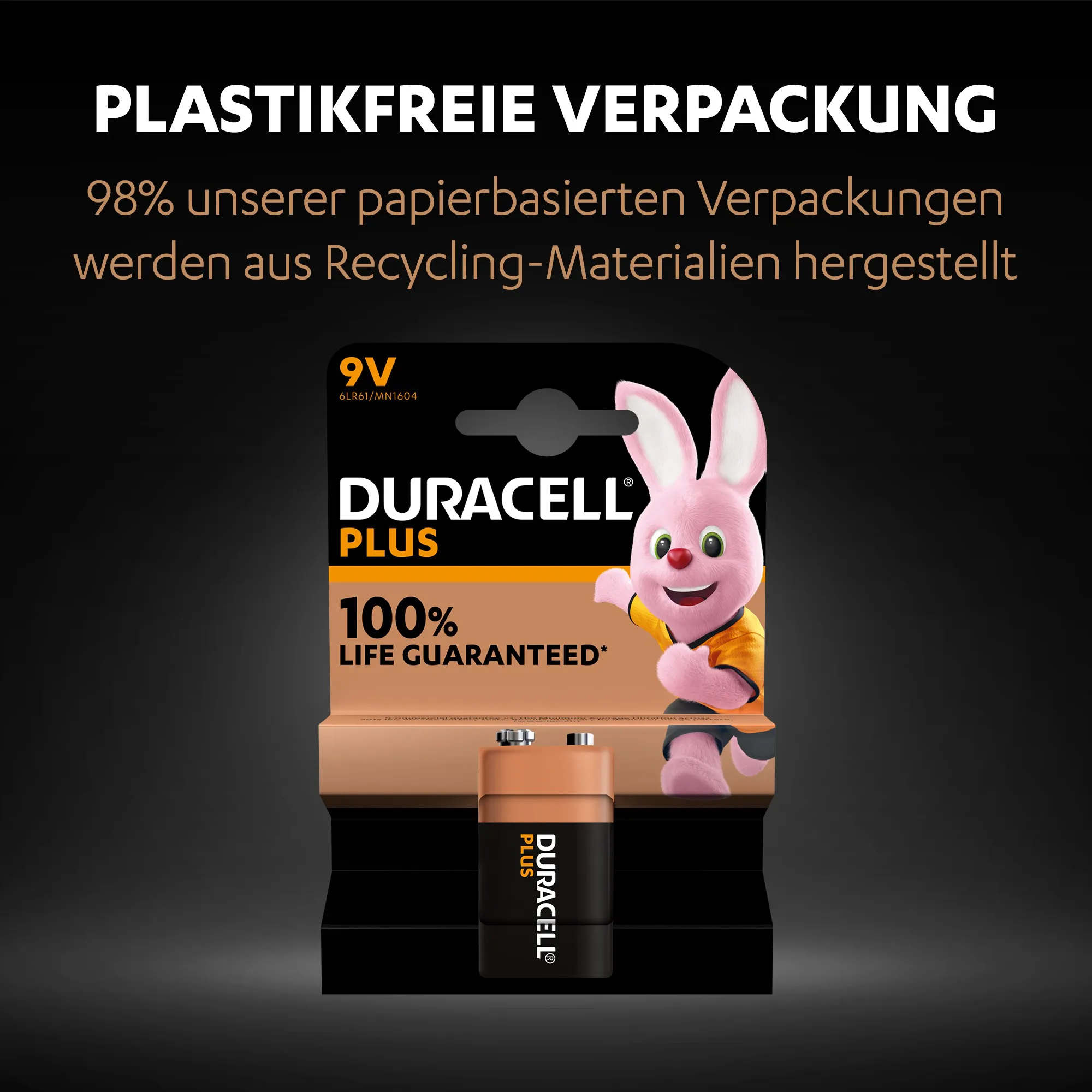 Emballage de batterie Duracell avec une mascotte lapin rose et une garantie 100%.