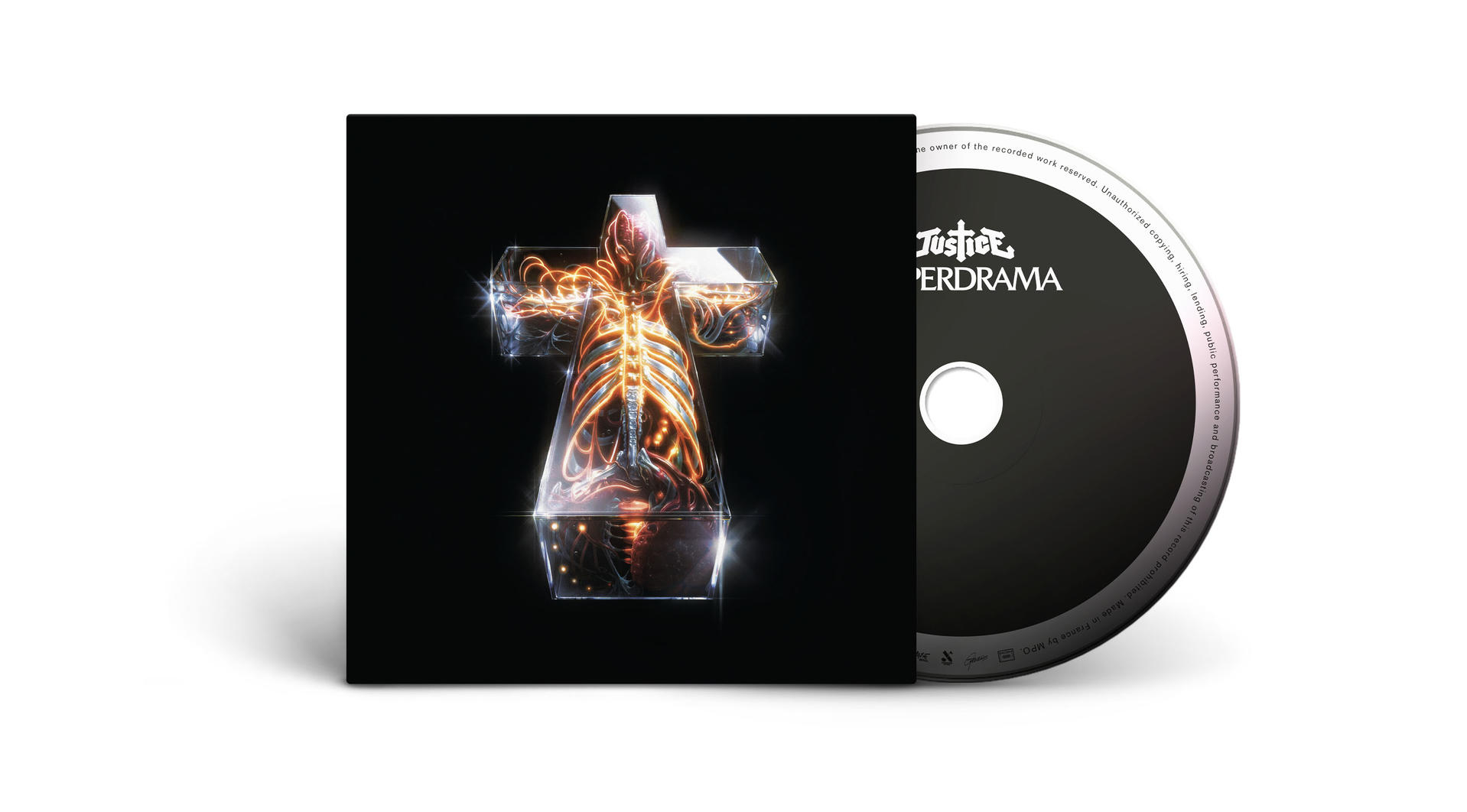Albumcover mit leuchtendem Kreuzdesign und CD mit Text, auf weißem Hintergrund.