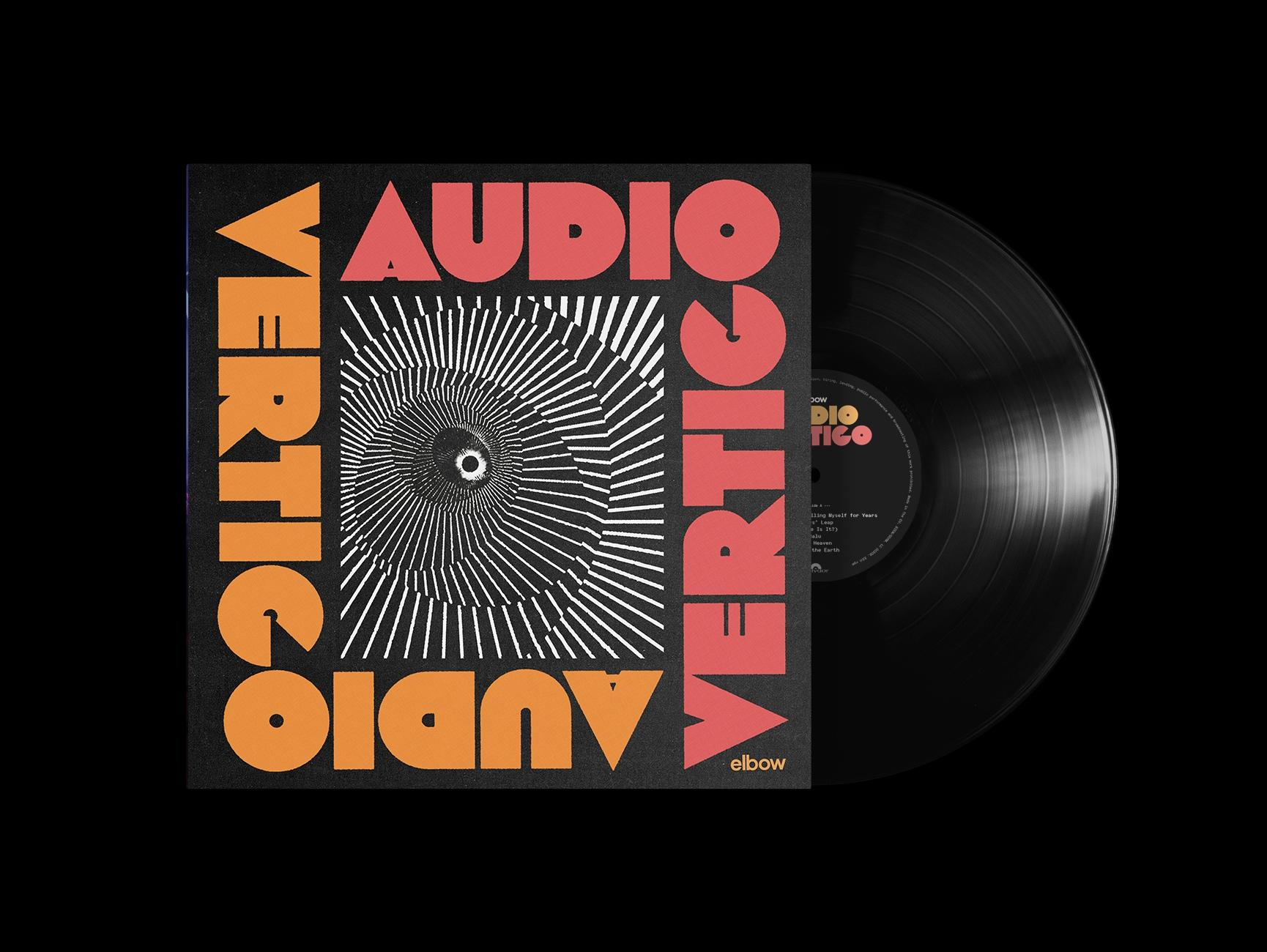 Vinyl-Schallplattenhülle mit schwarzem Hintergrund und rotem, orangefarbenem und weißem Text.