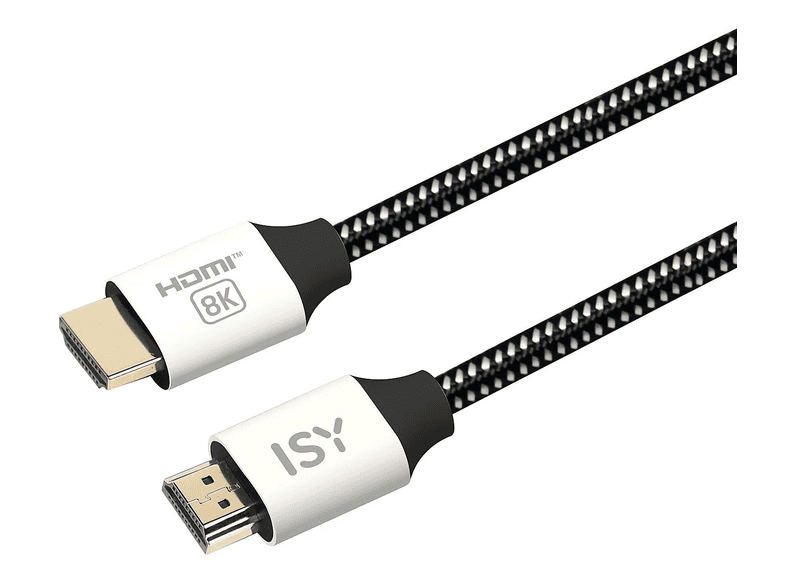 ISY IHD 5020 HDMI 2.1 osszekoto kabel szovet boritas max 8K 60Hz 48 Gbps 2 meter 2V225511 fekete feher MediaMarkt online vasarlas