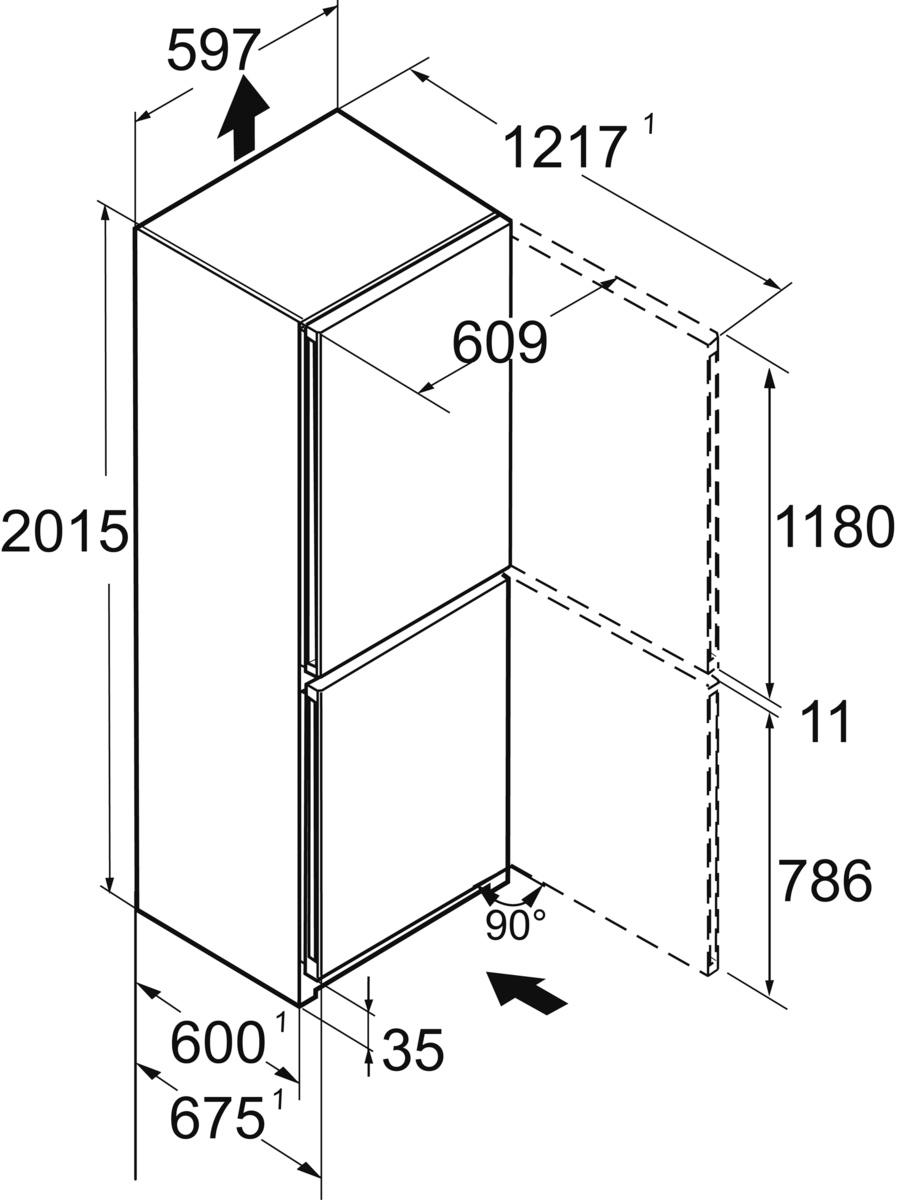 Diagramm eines Kühlschranks mit Abmessungen in mm, das seine Höhe, Breite und Tiefe zeigt.