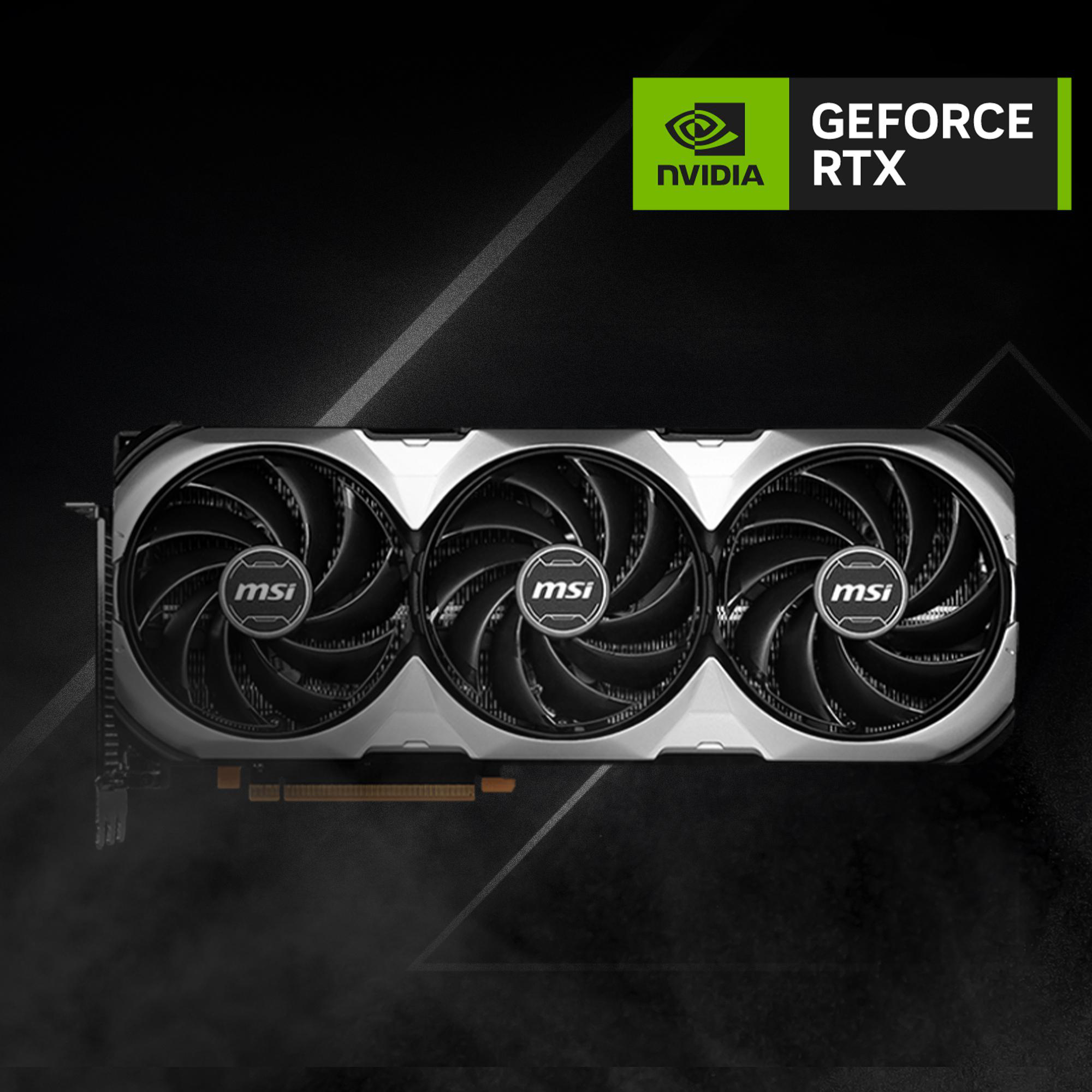Eine schwarze Nvidia GeForce RTX Grafikkarte mit drei Lüftern, MSI-Logo und NVIDIA GeForce RTX Text.