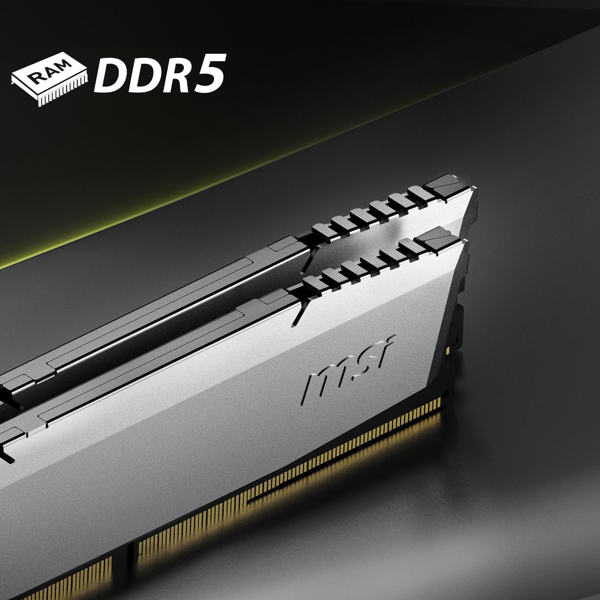 Silberner RAM-Riegel mit der Aufschrift „DDR5“ und dem MSI-Logo.