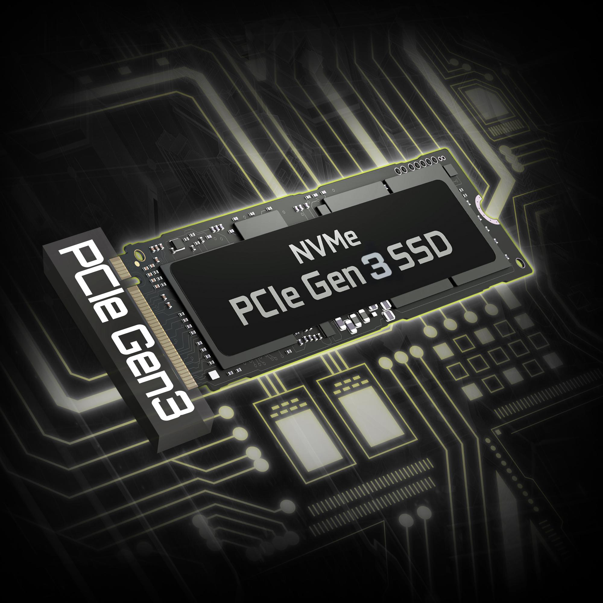PCle Gen 3 SSD auf einer Leiterplatte. NVMe- und PCIe Gen 3 SSD-Etiketten sind sichtbar.