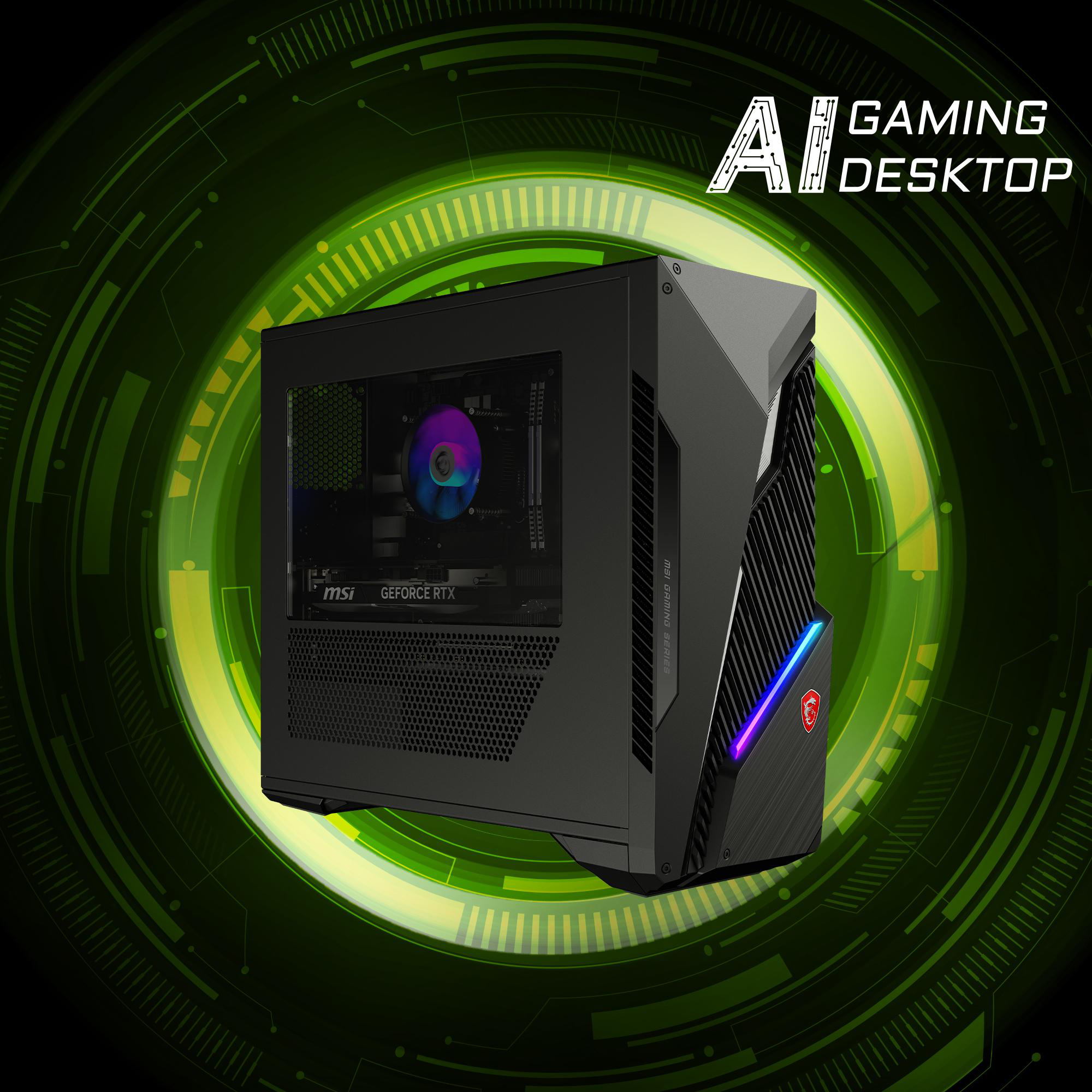 Schwarzer Gaming-PC mit MSI- und GeForce RTX-Logos, grüne und blaue Lichter.