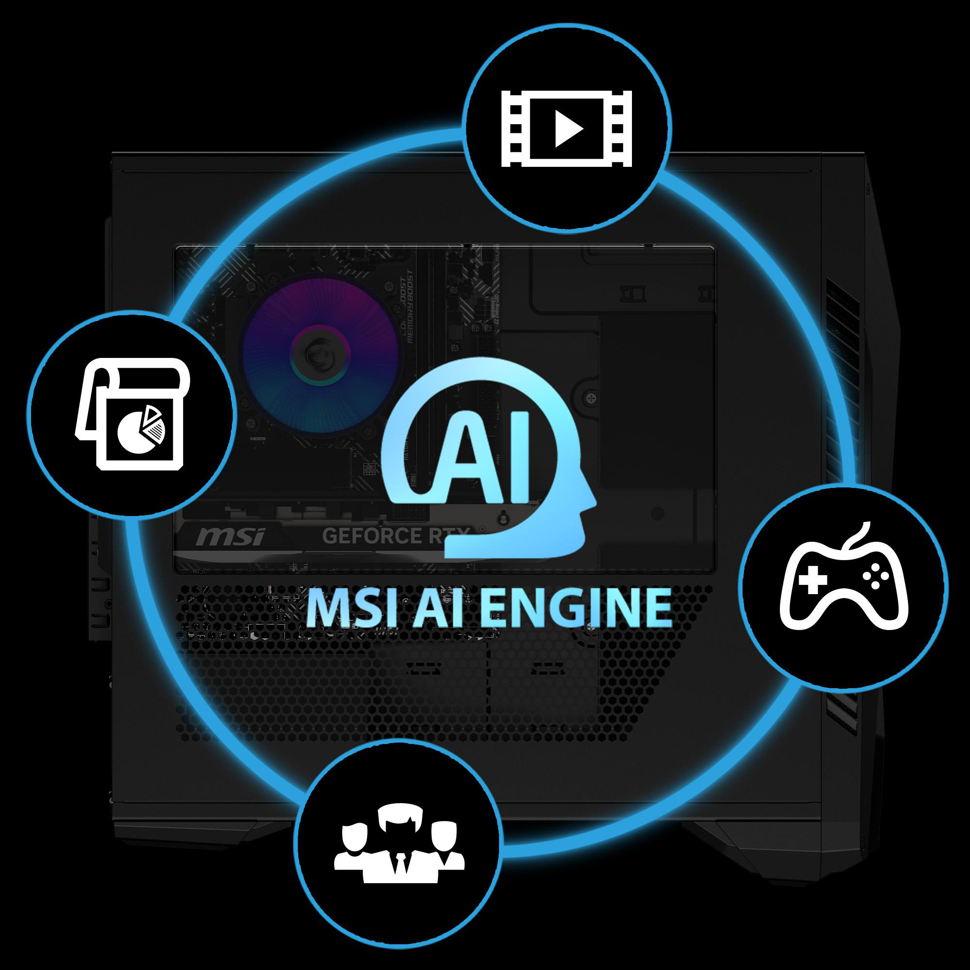 Ein Computergehäuse mit blauem Kreis und Symbolen, darunter ein Video, ein Controller und ein Diagramm.