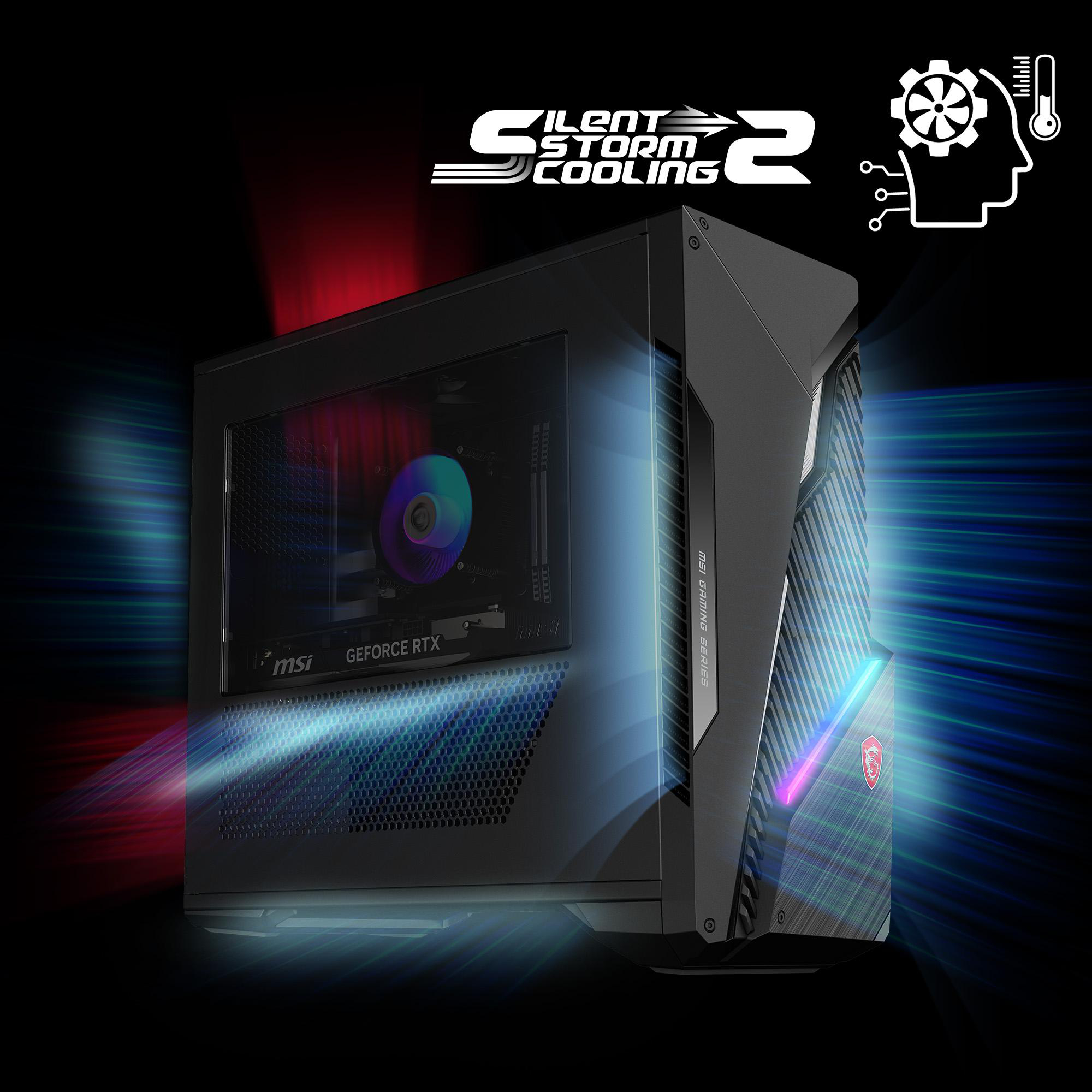 Ein schwarzer Gaming-PC mit blauer und roter Beleuchtung, mit Seitenfenster.