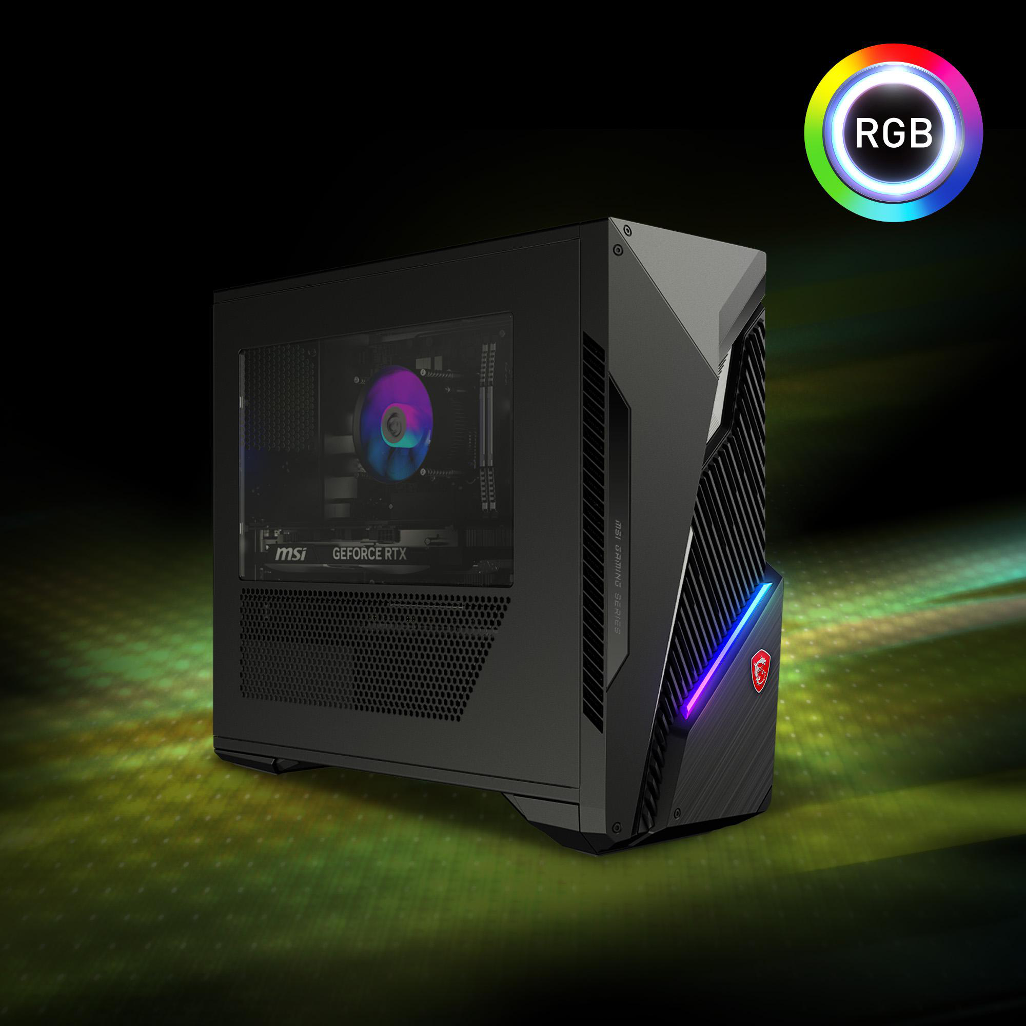 Schwarzer Gaming-PC mit RGB-Beleuchtung. Die Seite des PCs ist sichtbar, mit dem MSI-Logo.
