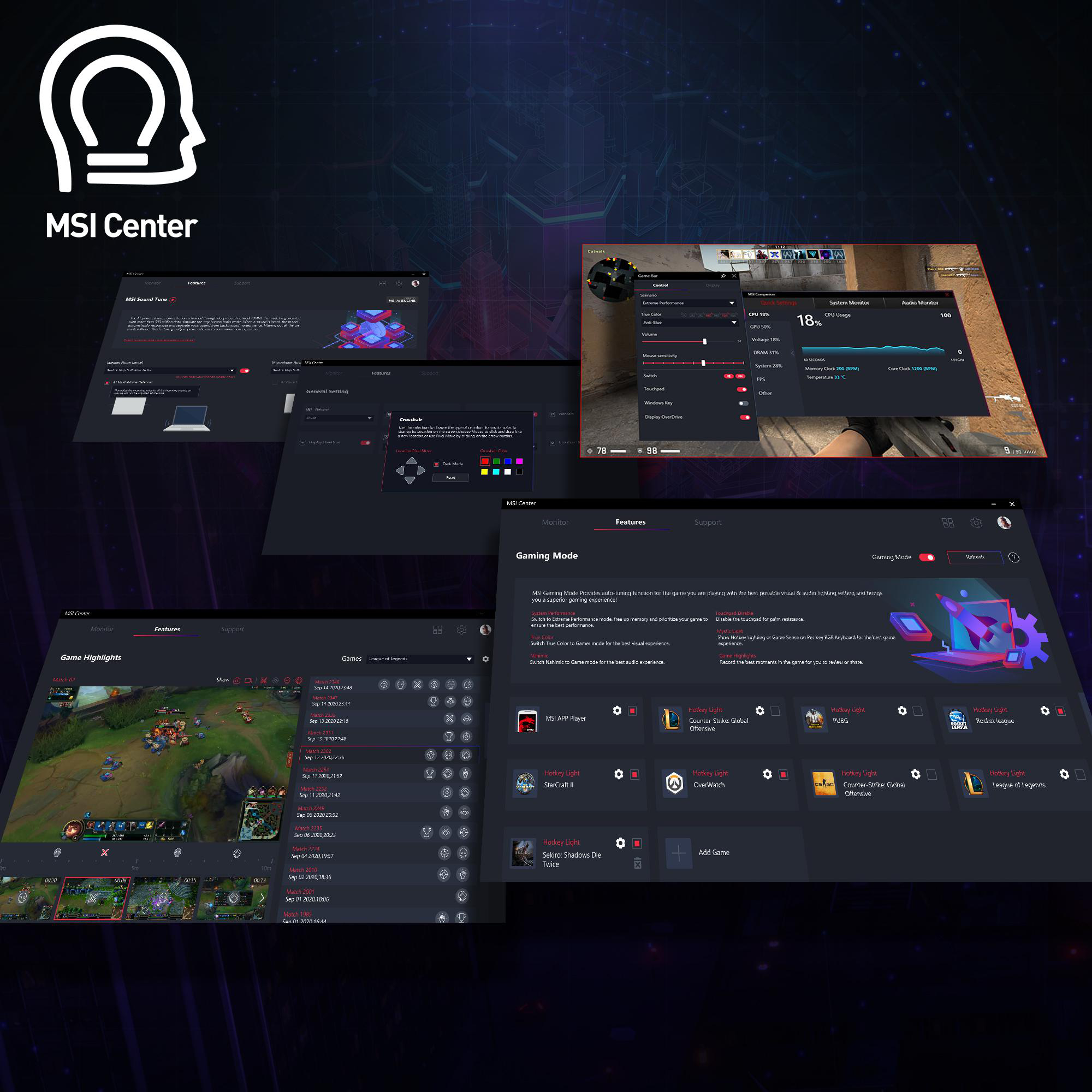 MSI Center App-Oberfläche mit mehreren Fenstern, die den Spielmodus und die Einstellungen zeigen.