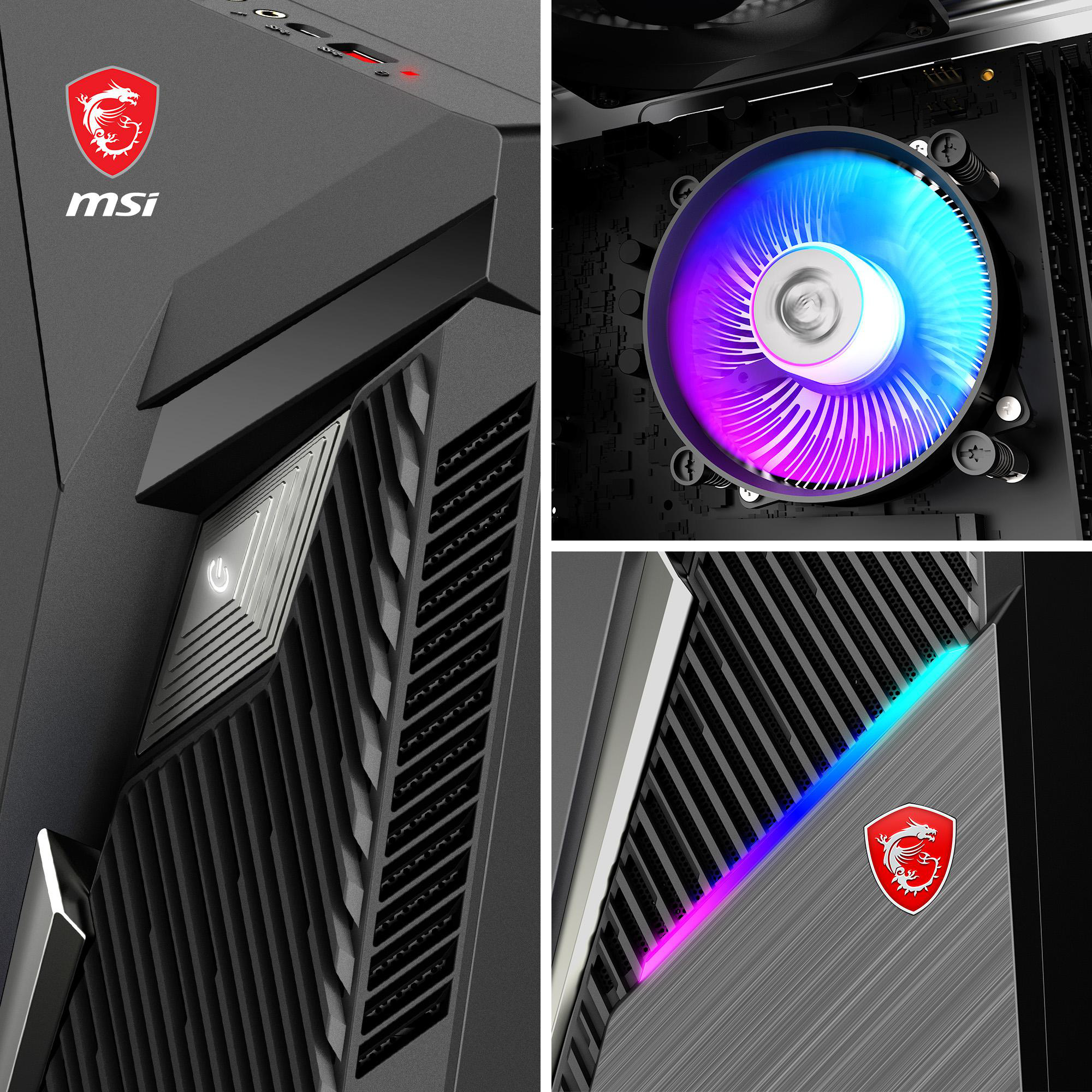 Nahaufnahme eines schwarzen MSI-Computergehäuses, Ein- / Aus-Taste, Lüftungsschlitze und ein sich drehender Lüfter mit blauem und violettem Licht.