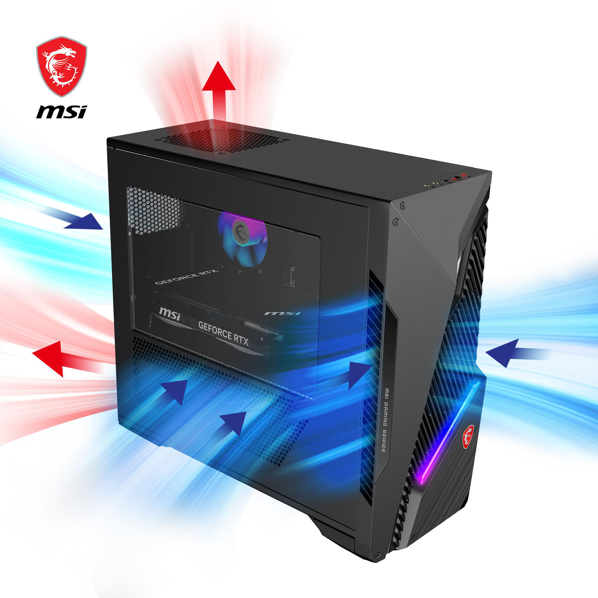 Schwarzes MSI-Gaming-PC-Gehäuse mit Glasfront, das Komponenten und roten/blauen Luftstrom zeigt.