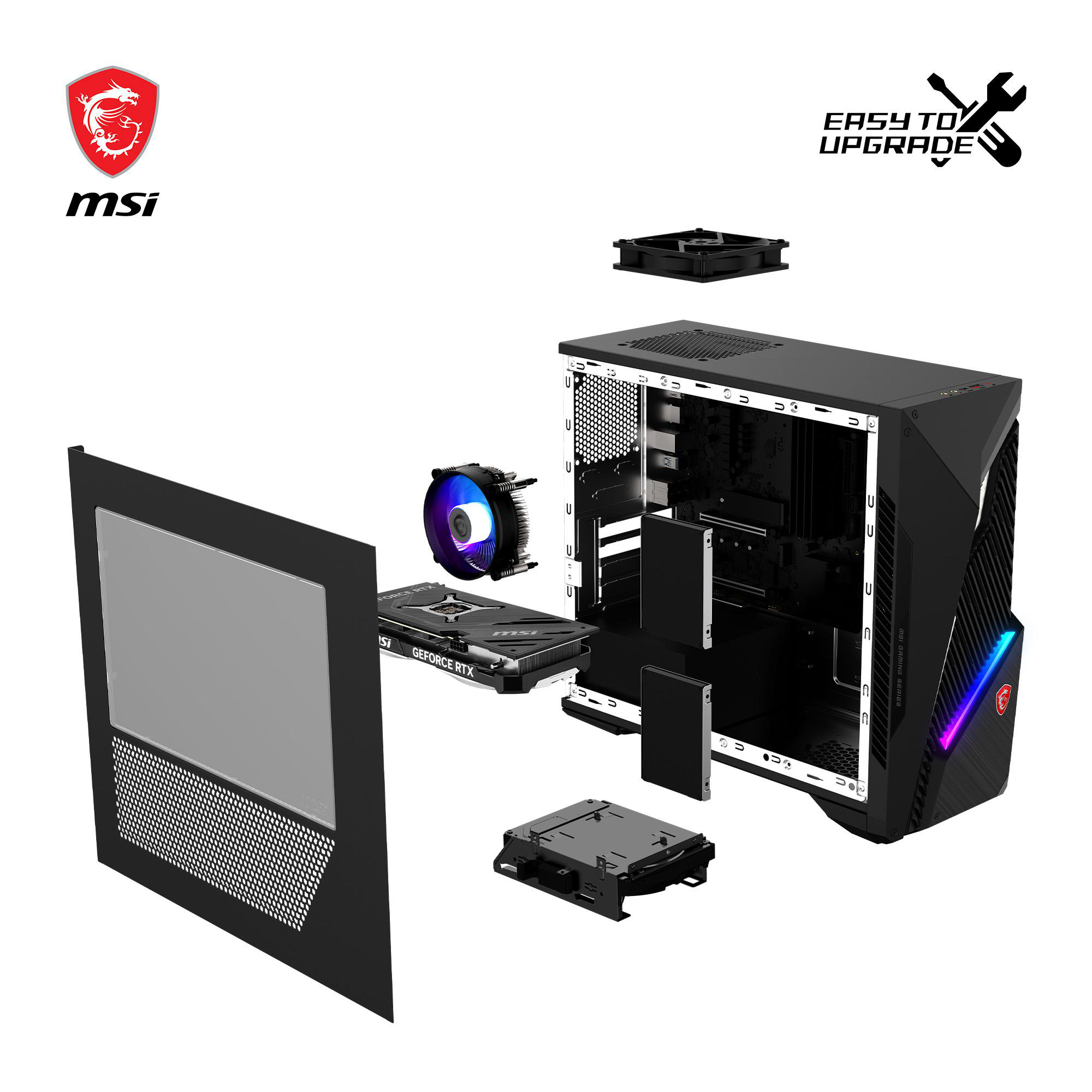 Explosionszeichnung eines schwarzen MSI-Gaming-PCs, die Komponenten wie GPU, Lüfter und Motherboard zeigt.