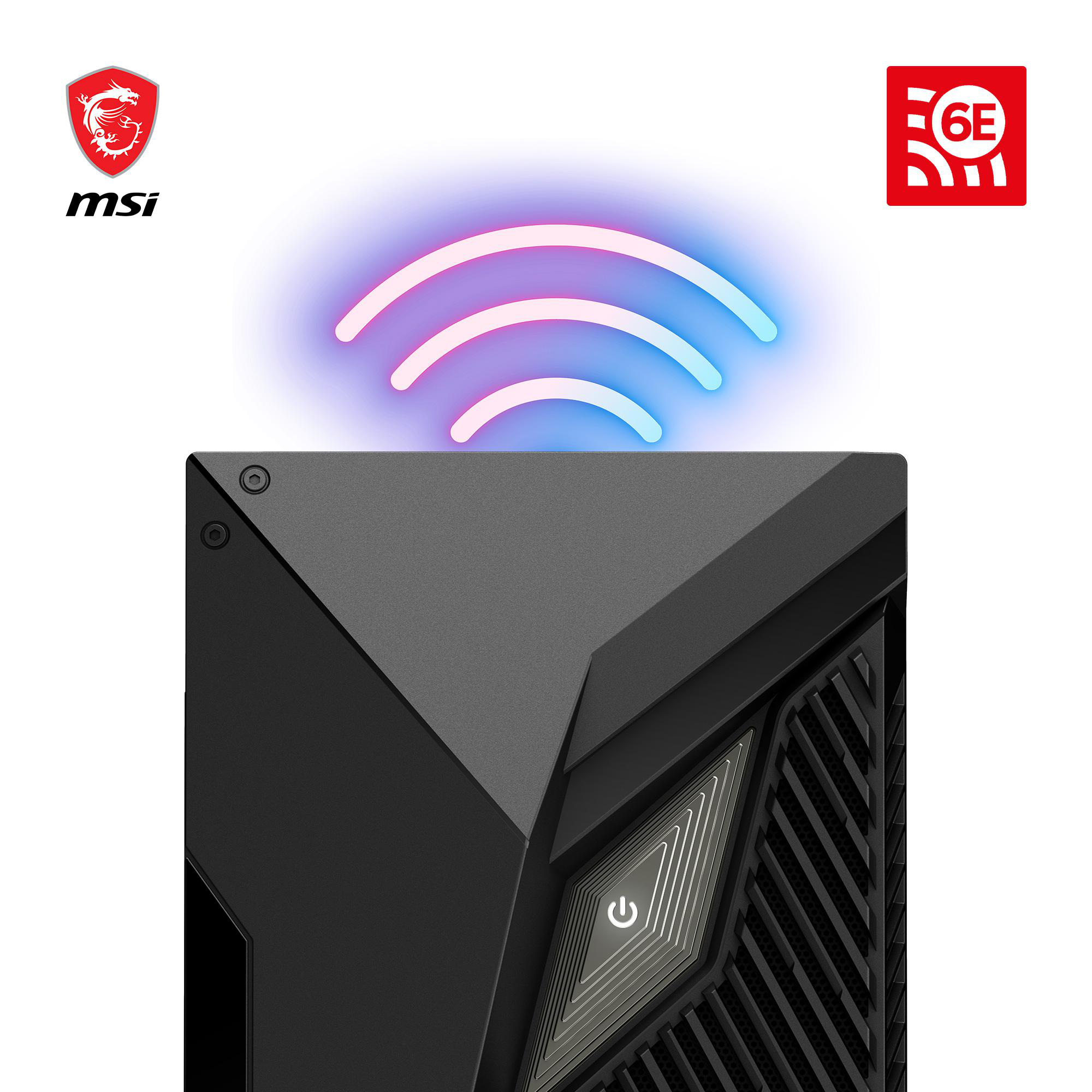 Ein schwarzes Computergehäuse mit einem Power-Knopf und WLAN-Signal.