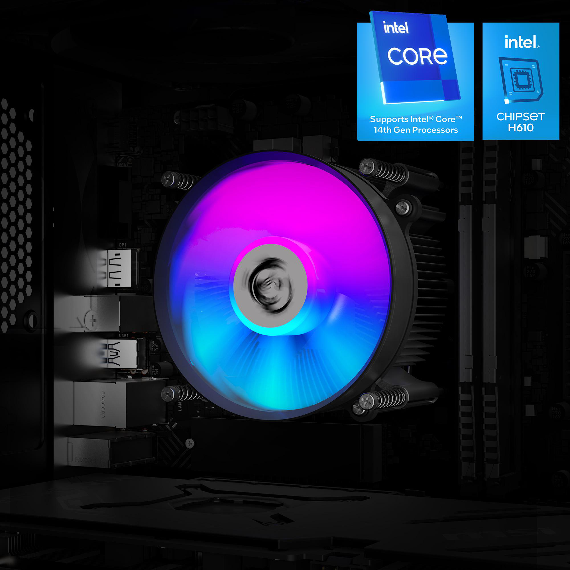 Computerlüfter mit bunten Lichtern, eingebaut in einem Computergehäuse, mit Intel-Logo.