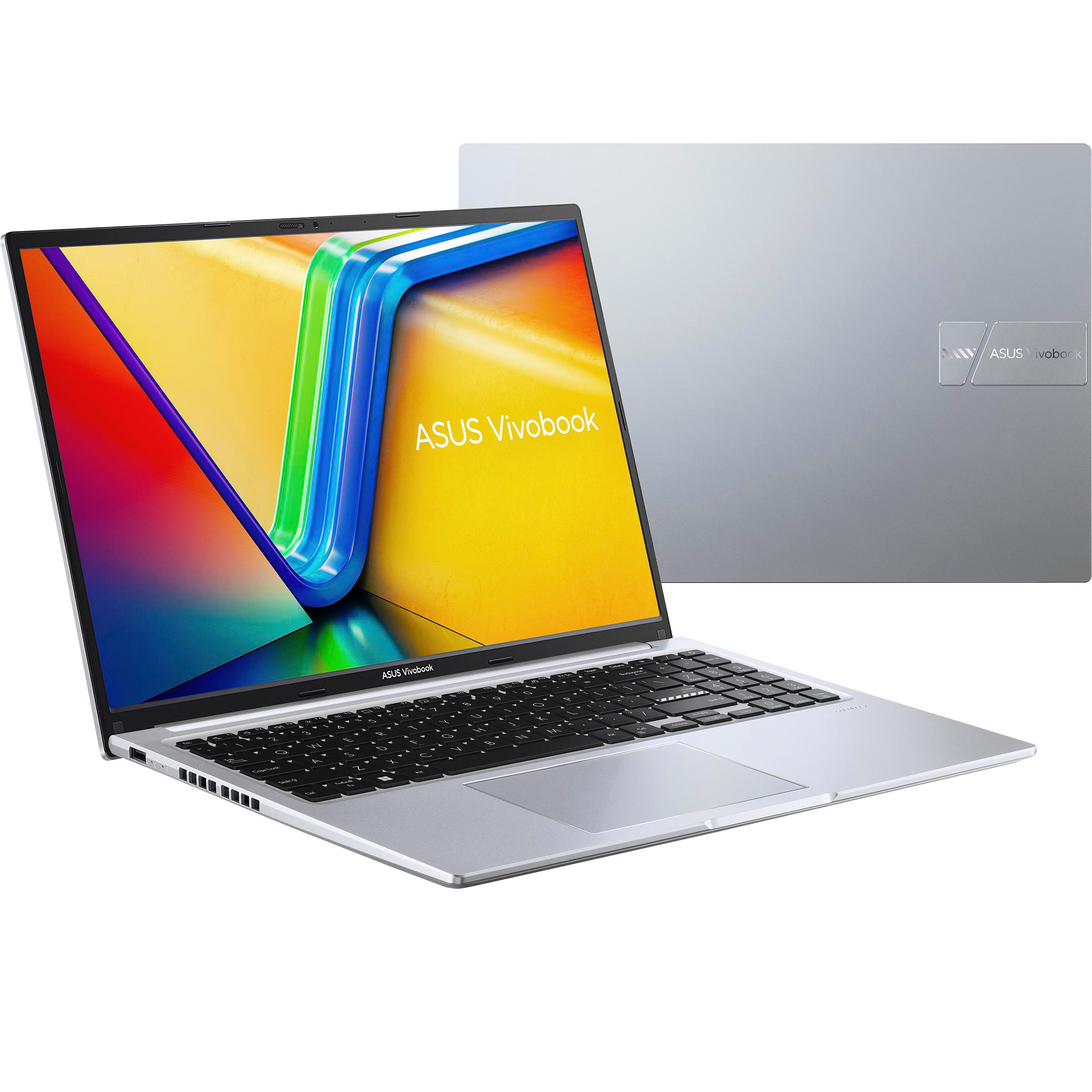 Silberner Laptop mit farbenfrohem Bildschirm und zweitem Laptop hinten.