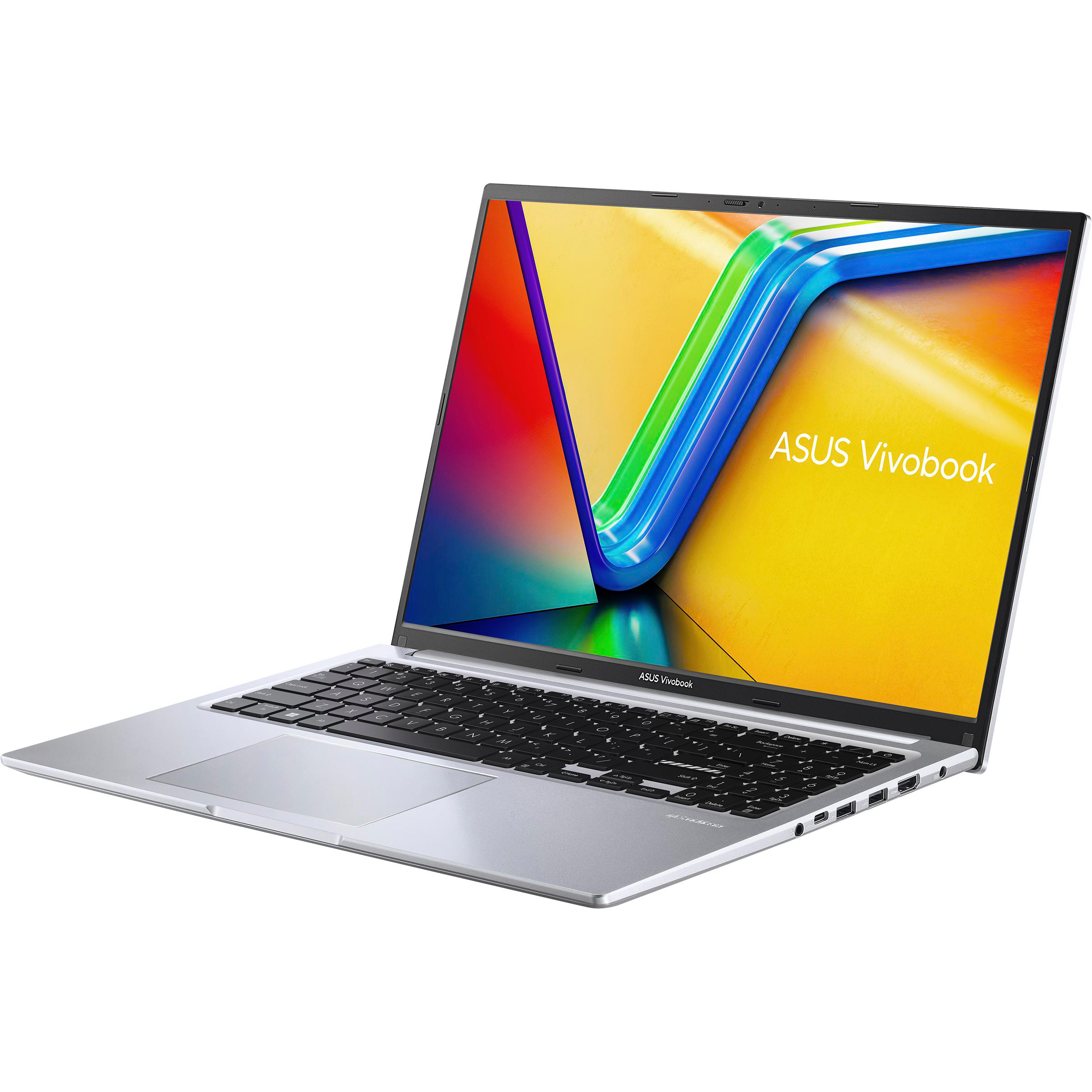Silberner ASUS Vivobook Laptop, geöffnet auf einer weißen Oberfläche, zeigt einen bunten Bildschirm.