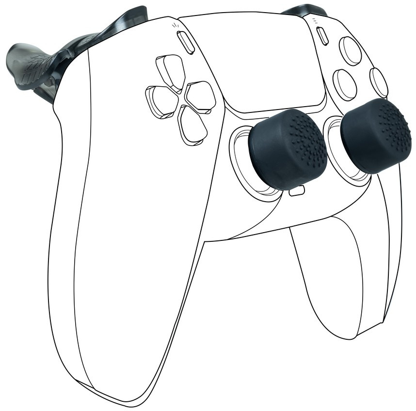 Fehér PlayStation vezérlő, két fekete hüvelykujj-markolattal.