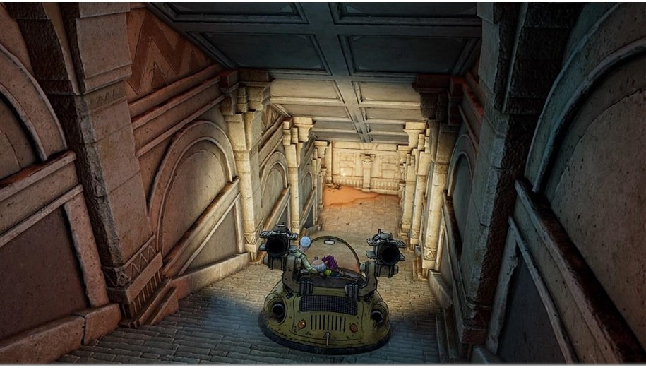 Een videogame-scène met een voertuig in een tunnel, van bovenaf gezien. Bruine stenen muren en plafond.