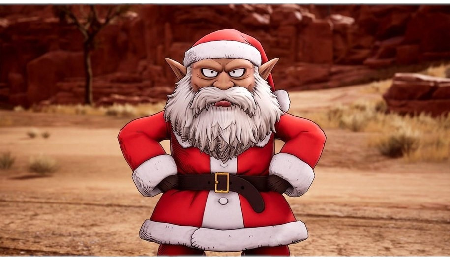 Getekende elf in kerstmanoutfit, met een strenge uitdrukking en armen over elkaar.