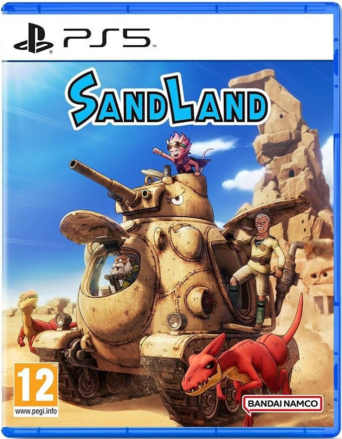 Sandland PS5 game box art met personages in een tank op een woestijnachtergrond, en het logo van het spel.