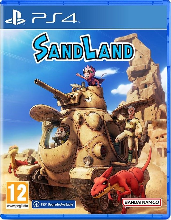 Sand Land PS4-gamebox art, toont een tank met karakters en een woestijnachtergrond.