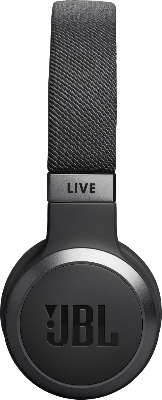 Casque JBL noir. Bande en tissu. Détail argenté 'LIVE'. Écouteurs noirs avec logo JBL.