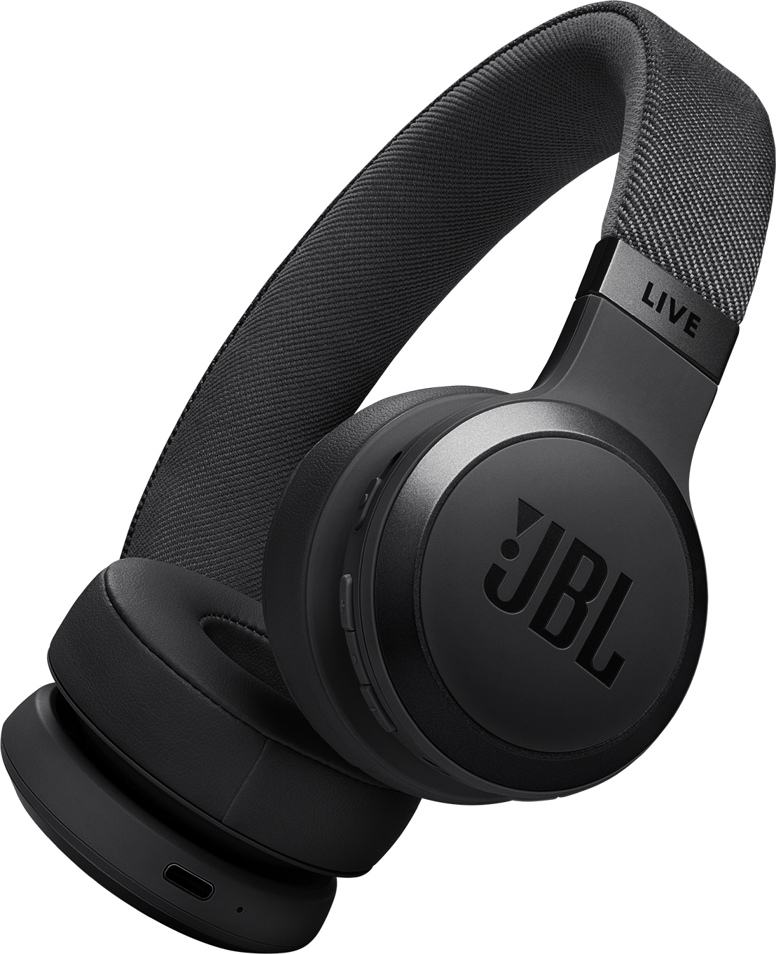 Un casque JBL noir, avec un arceau et des écouteurs incurvés, logo JBL visible.