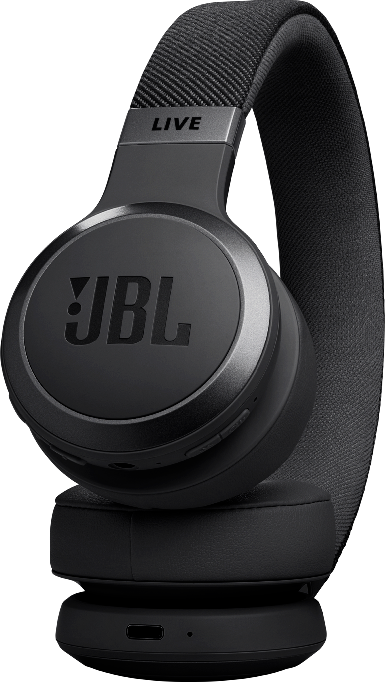 Casque JBL noir avec bandeau en tissu, logo JBL visible sur l'écouteur.