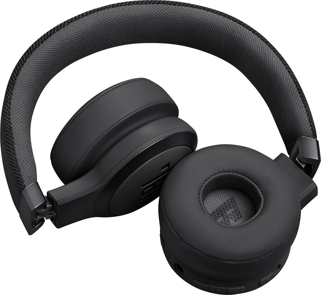 Casque JBL noir couché. Écouteurs et arceau visibles.