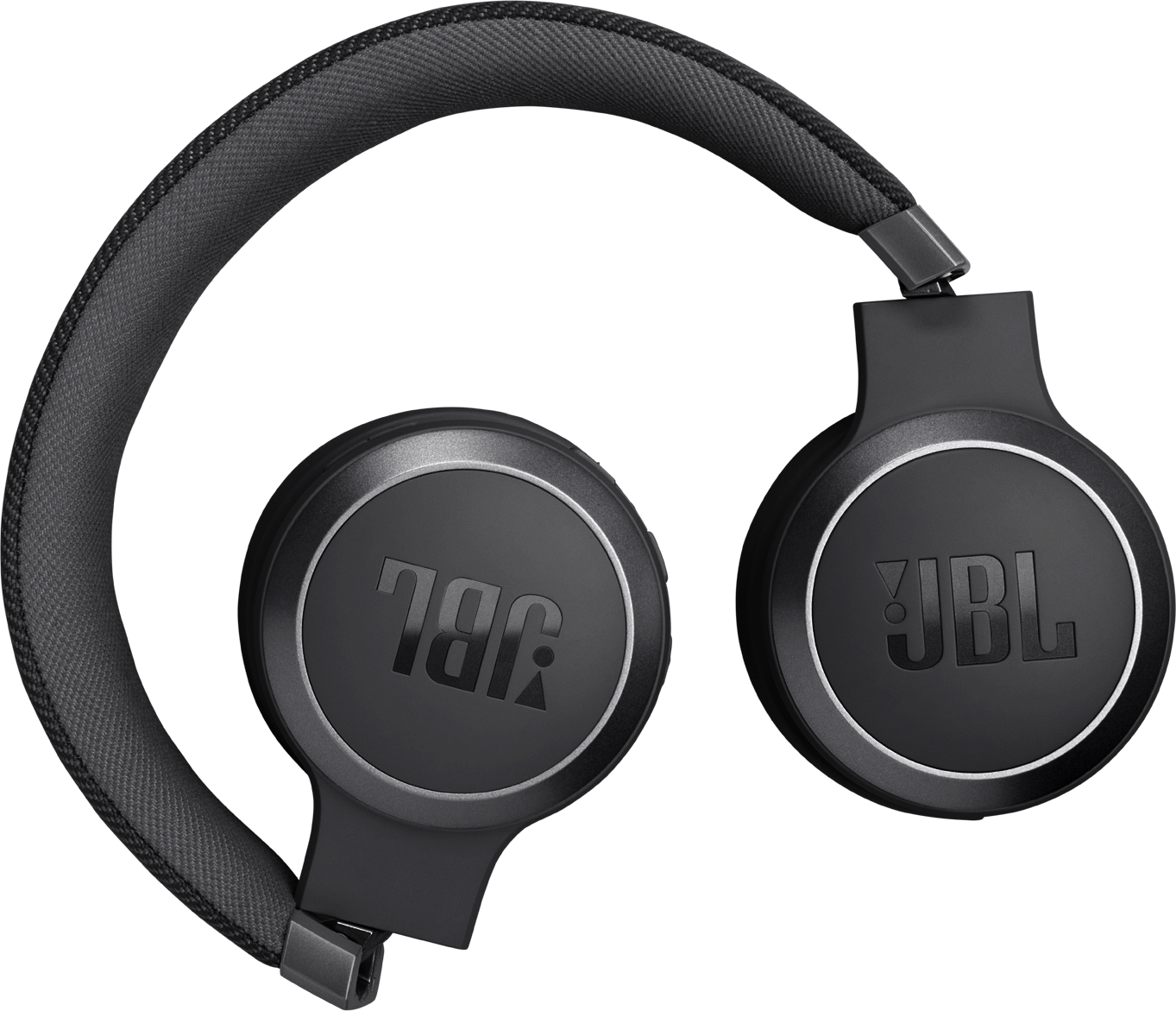 Casque noir avec le logo JBL sur chaque écouteur, sur fond noir.