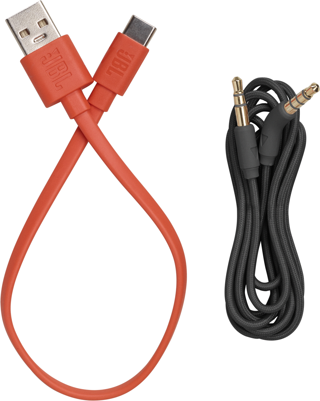 Deux câbles USB orange et un câble audio noir avec connecteurs plaqués or.