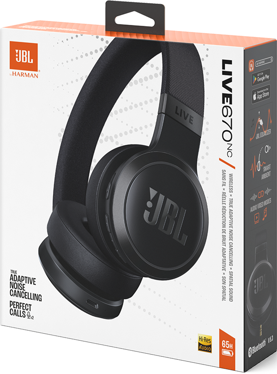 Casque JBL noir sur boîte blanche et grise. Avec réduction de bruit et Bluetooth.