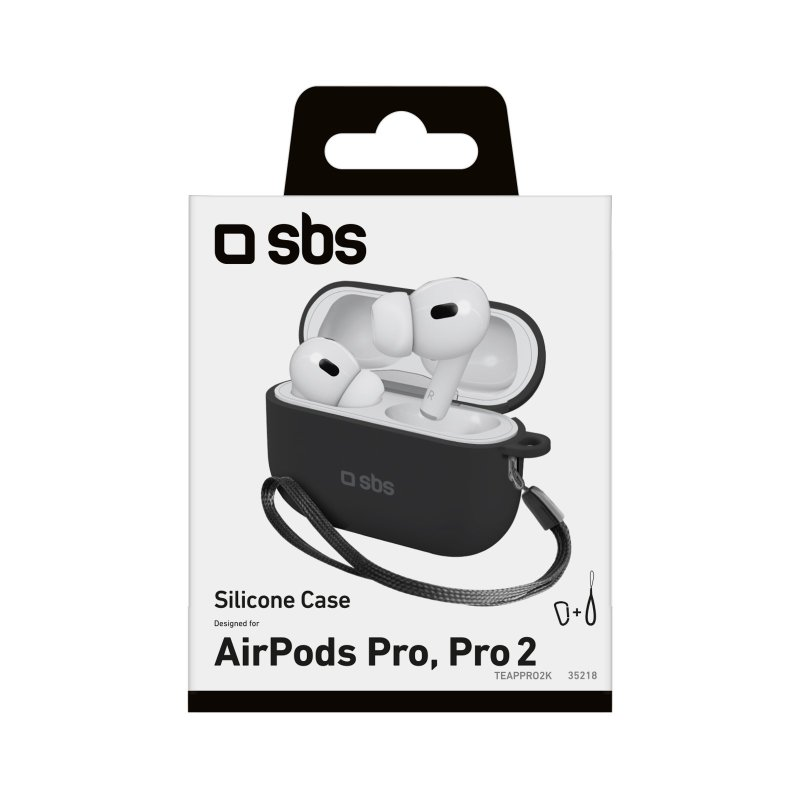Eine Schachtel mit weißen AirPods Pro 2 Ohrhörern in einem schwarzen Silikonetui, mit sbs-Logo.