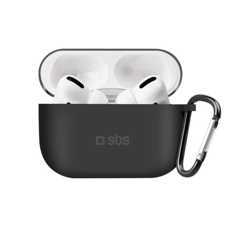 Schwarzes AirPods Pro-Etui mit AirPods. Ein Karabinerhaken ist am Etui befestigt.