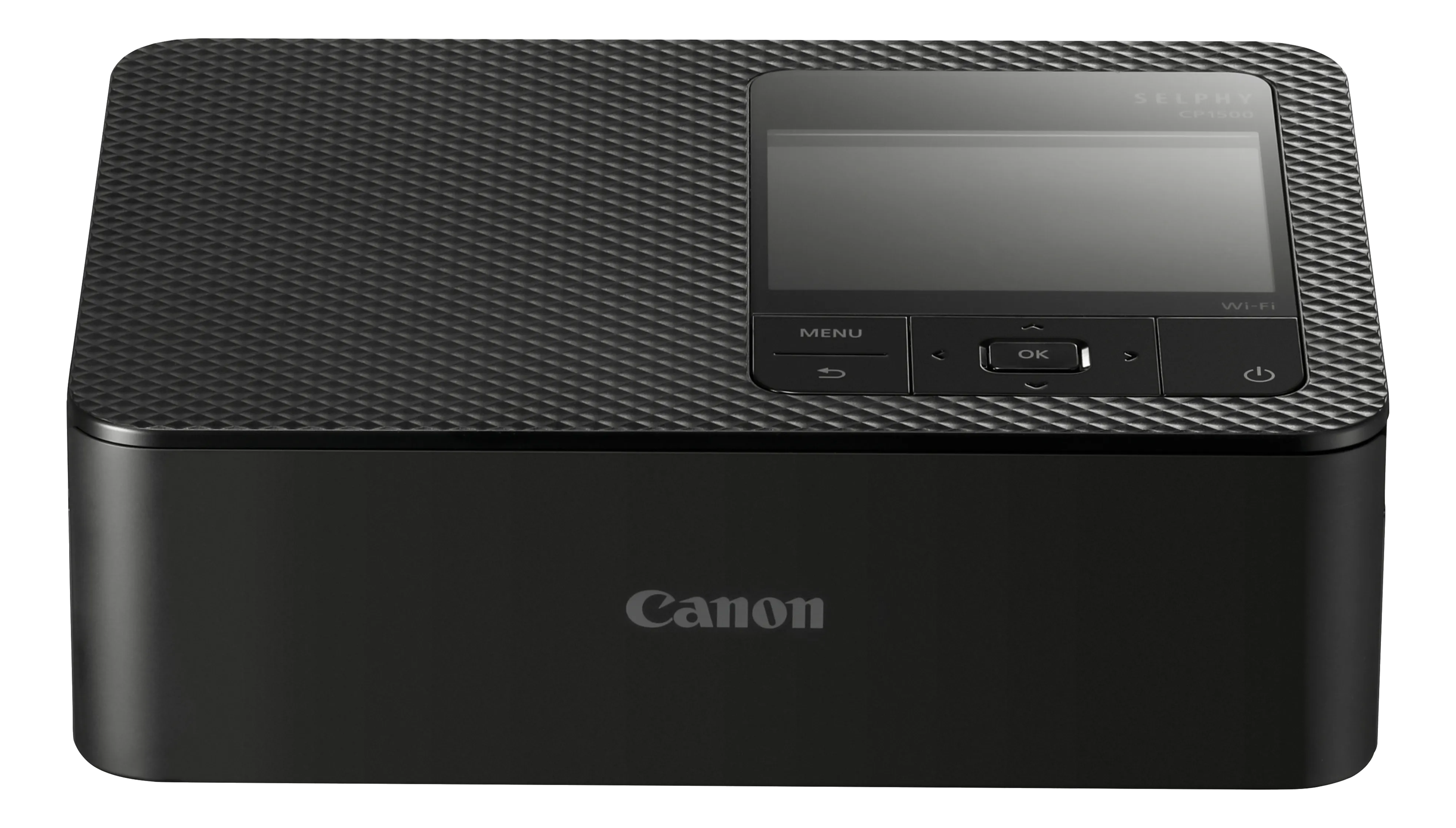 Stampante Canon Selphy CP1300 nera. Ha uno schermo e pulsanti di controllo. Lo sfondo è nero.