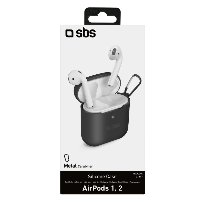 Schwarzes SBS AirPods-Etui mit weißen AirPods und einem Metallkarabiner.