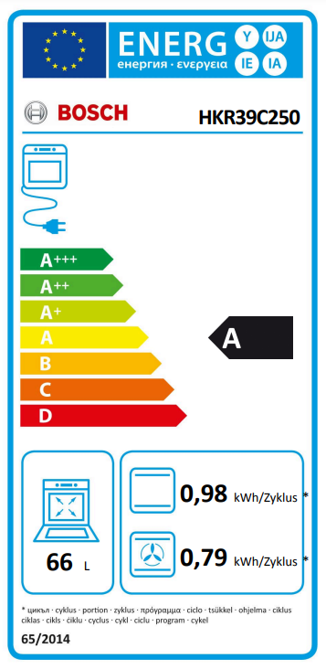 Egy Bosch sütő energiahatékonysági címkéje, A+++-tól D-ig terjedő besorolásokkal.