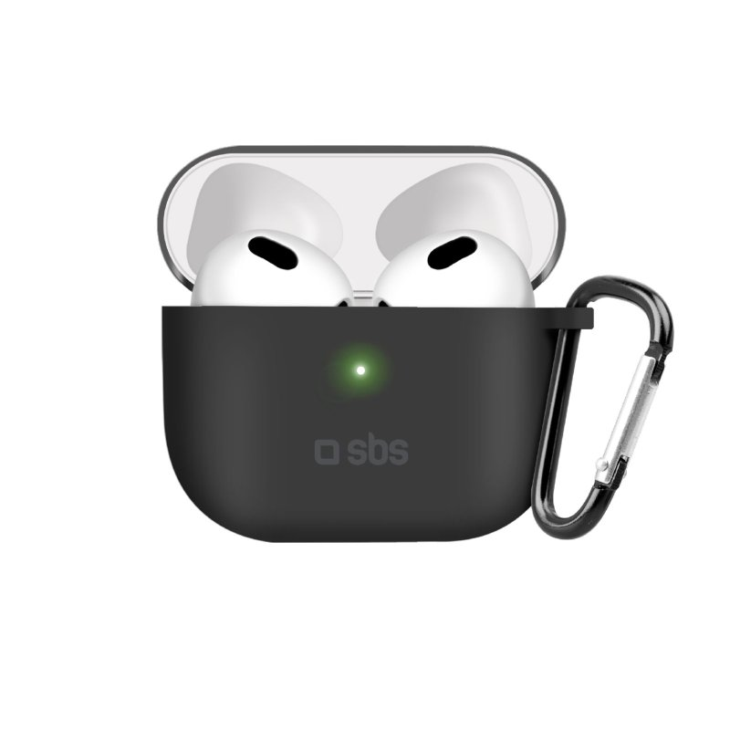 Schwarzes SBS AirPod Case mit weißen AirPods, Case offen mit Karabiner.
