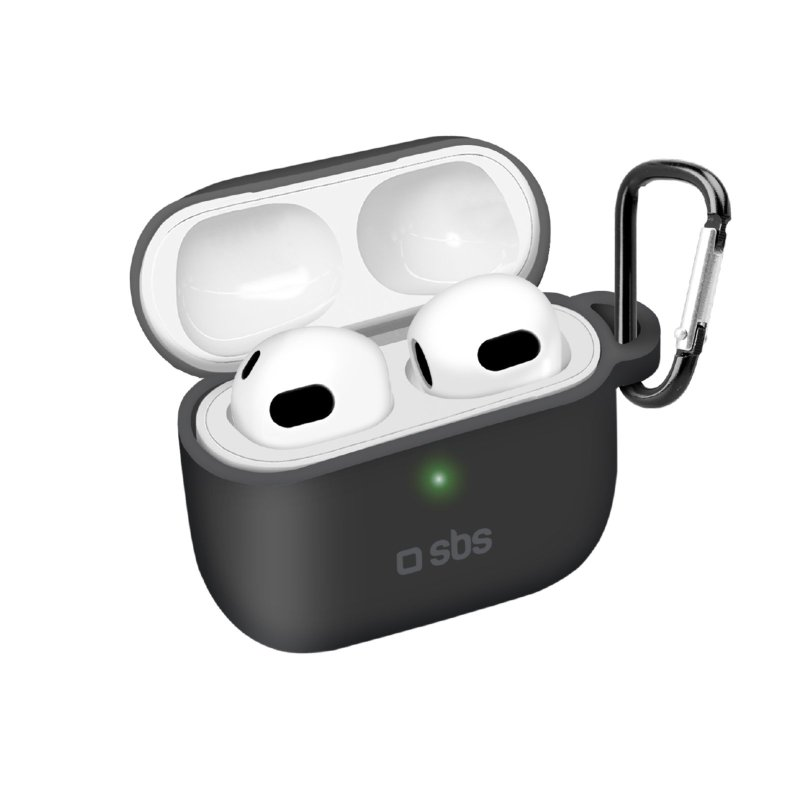 Schwarzes SBS AirPods-Case mit weißen AirPods darin, offen, mit silbernem Karabinerhaken.
