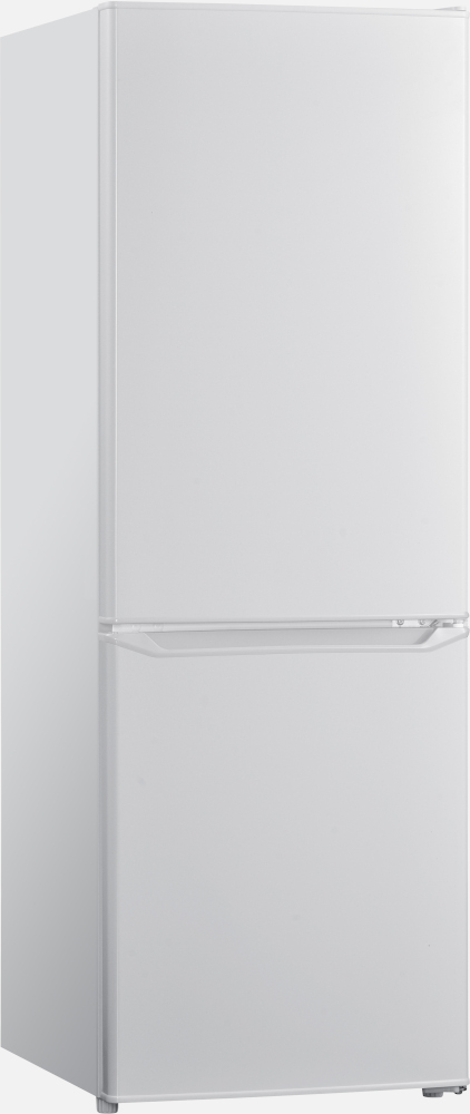 A white refrigerator with two doors and a handle on the top door and a handle on bottom door.
